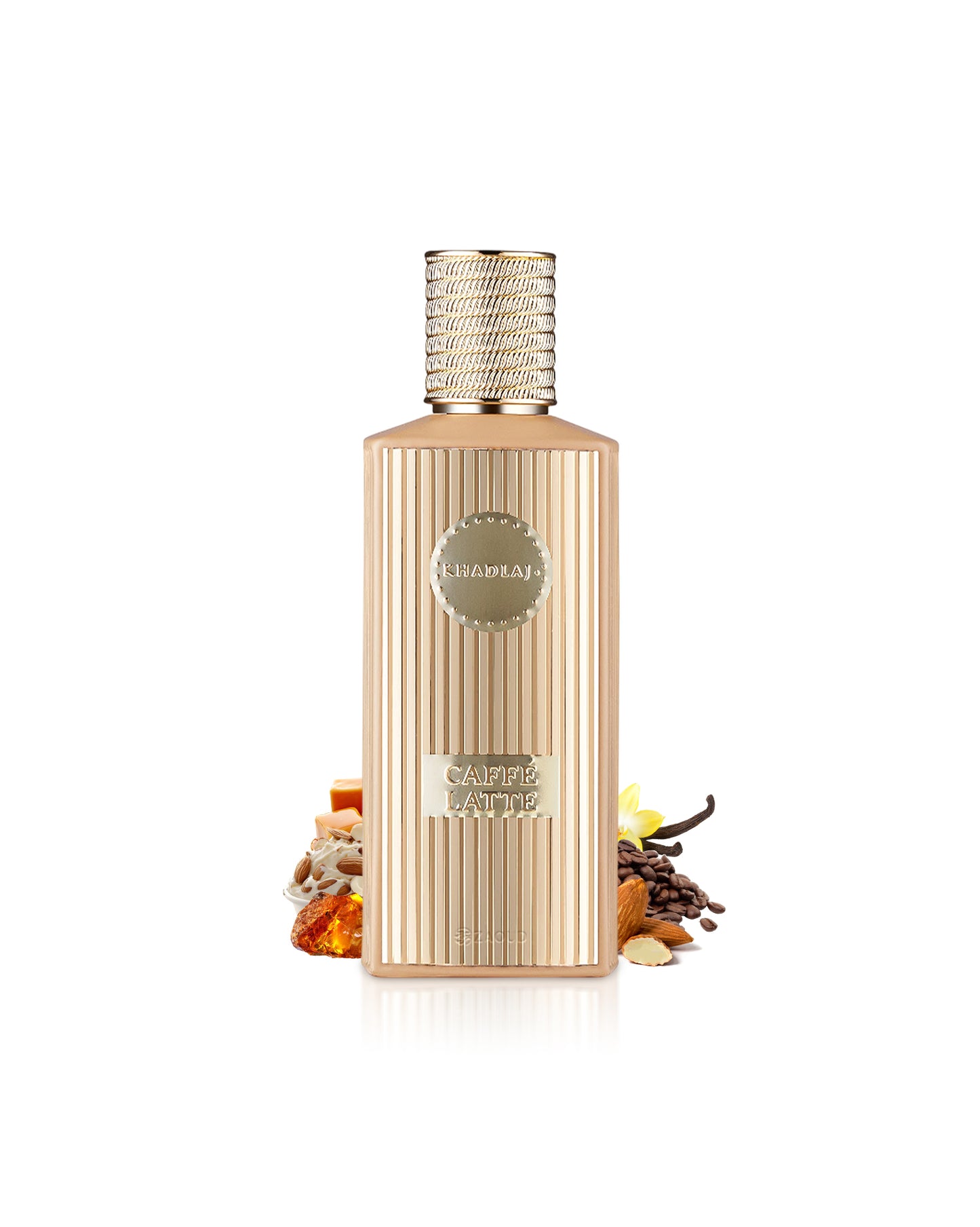 khadlaj caffe latte perfume bottle surrounded with fragrance notes like amber and almond shows against white background