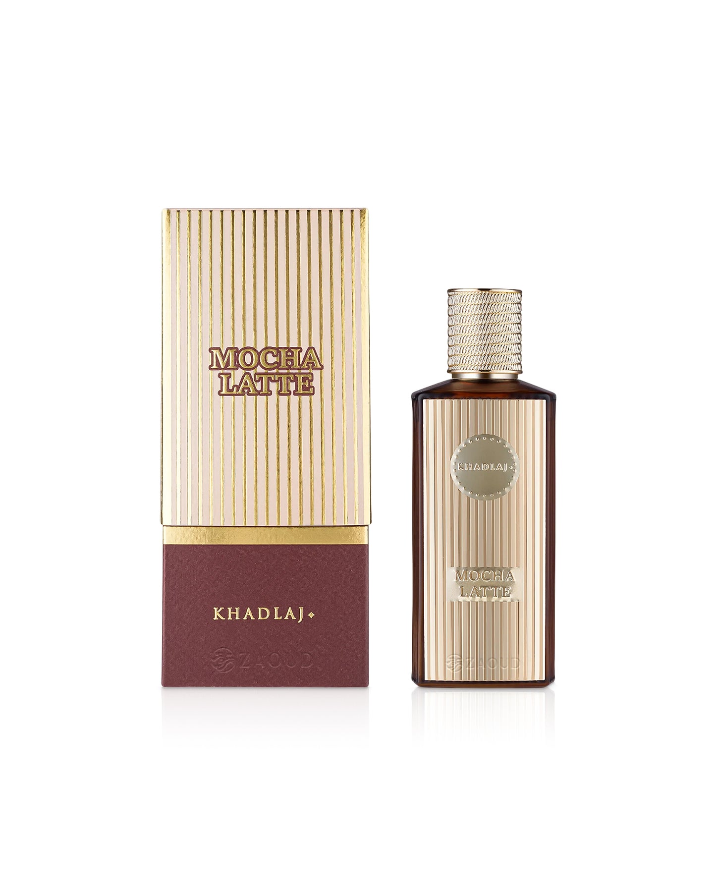 khadlaj mocha latte perfume bottle shows beside its box against white background
