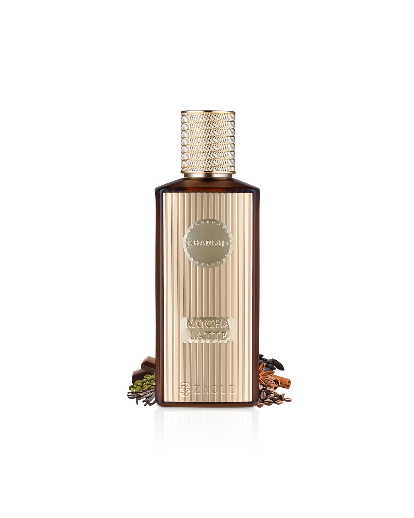 khadlaj mocha latte perfume bottle surrounded with fragrance notes like caffee and chocolate shows against white background
