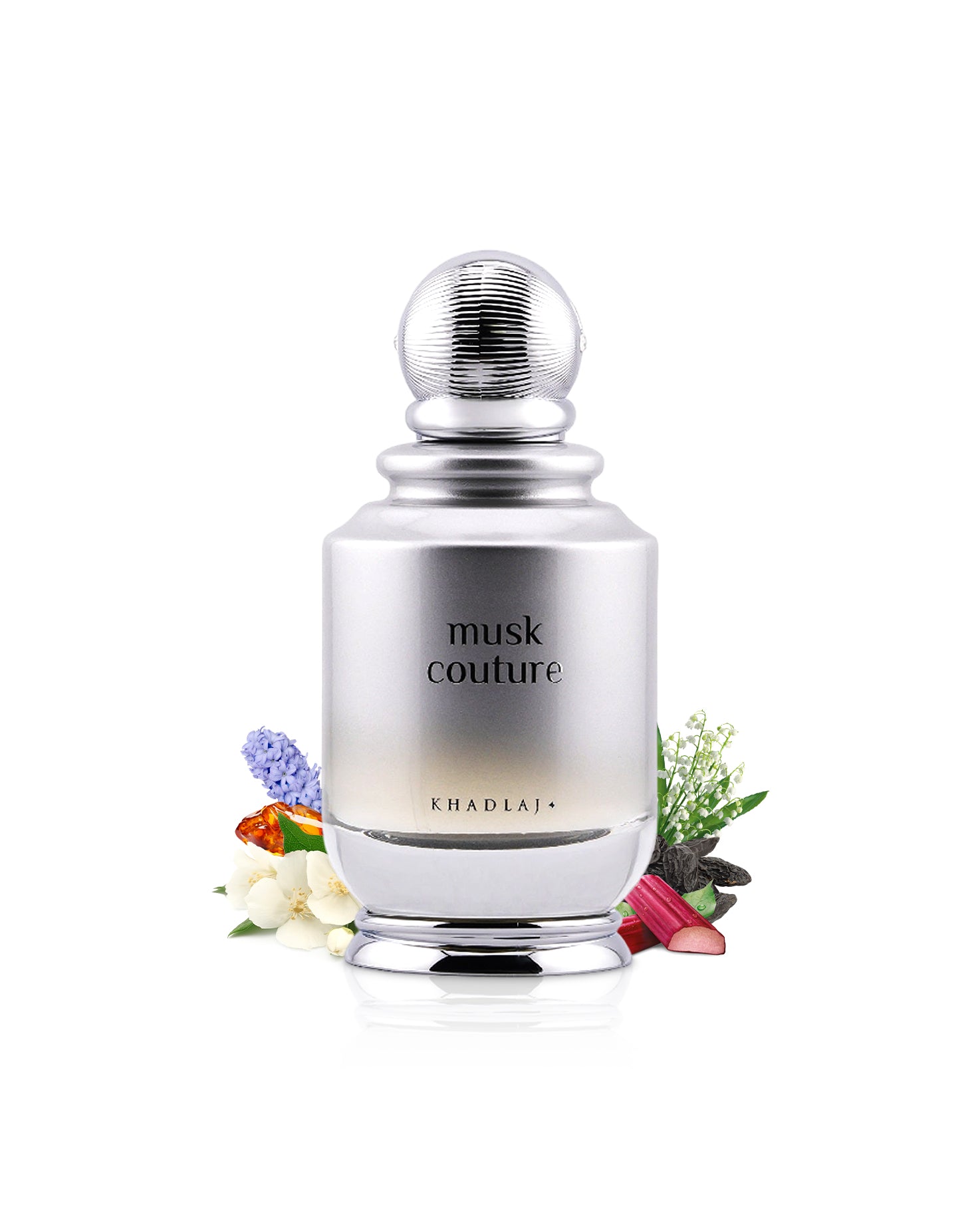 khadlaj musk couture perfume bottle surrounded with fragrance notes like jasmine and tonka bean shows from behind the bottle against white background