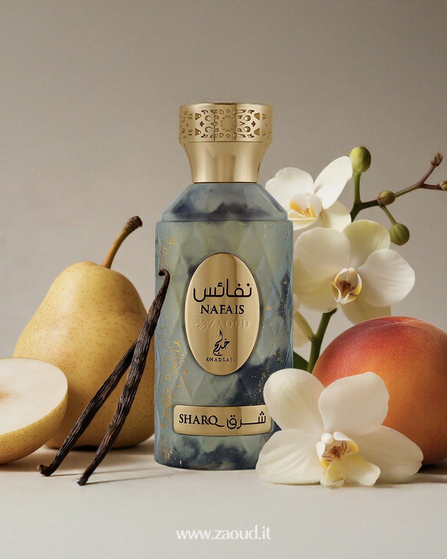 Nabais perfume bottle with vanilla, pear, peach, and orchid on a neutral background