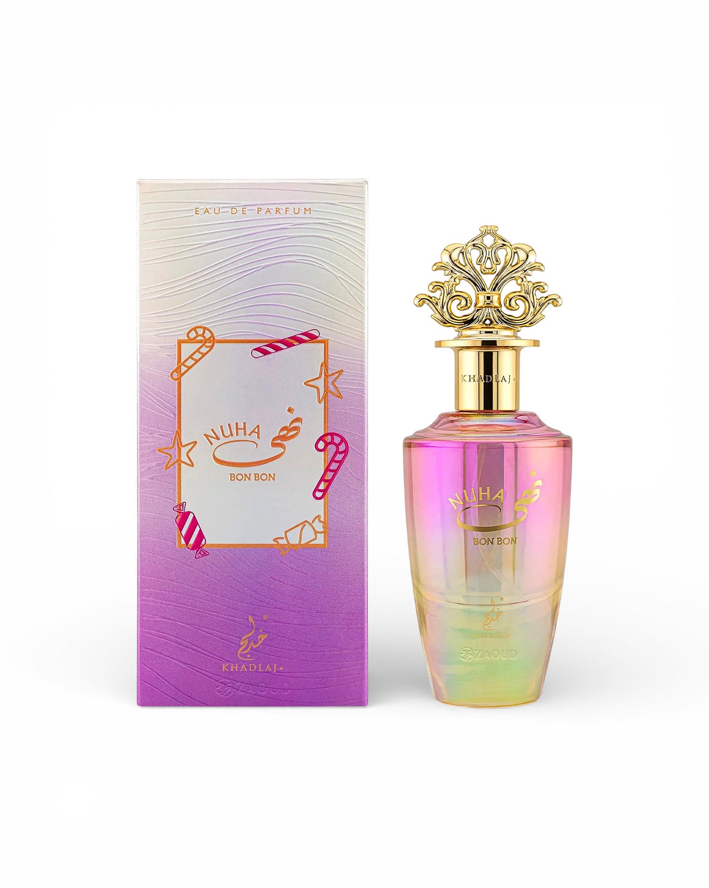 khadlaj nuha bon bon perfume bottle shows beside its packaging against white background