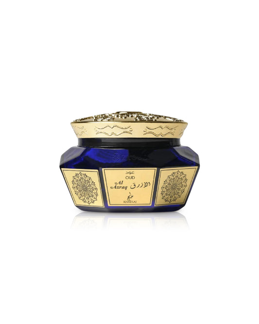 khadlaj oud muattar al azraq bakhoor box against white background