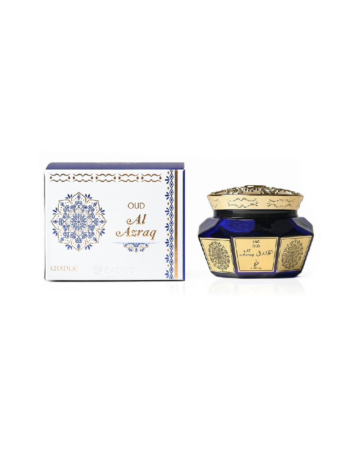 khadlaj oud muattar al azraq bakhoor box beside packeging against white background