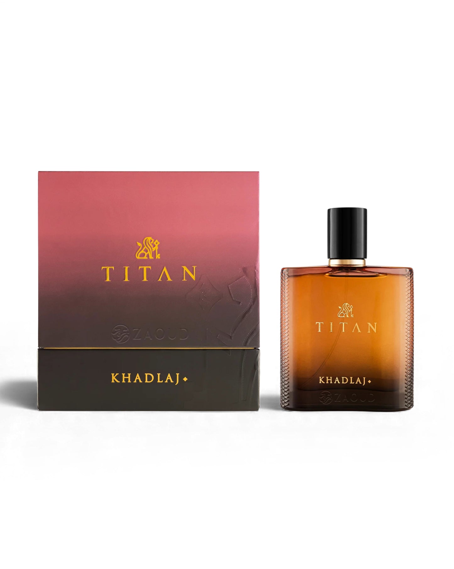 khadlaj titan perfume bottle shows beside packaging against white bakground