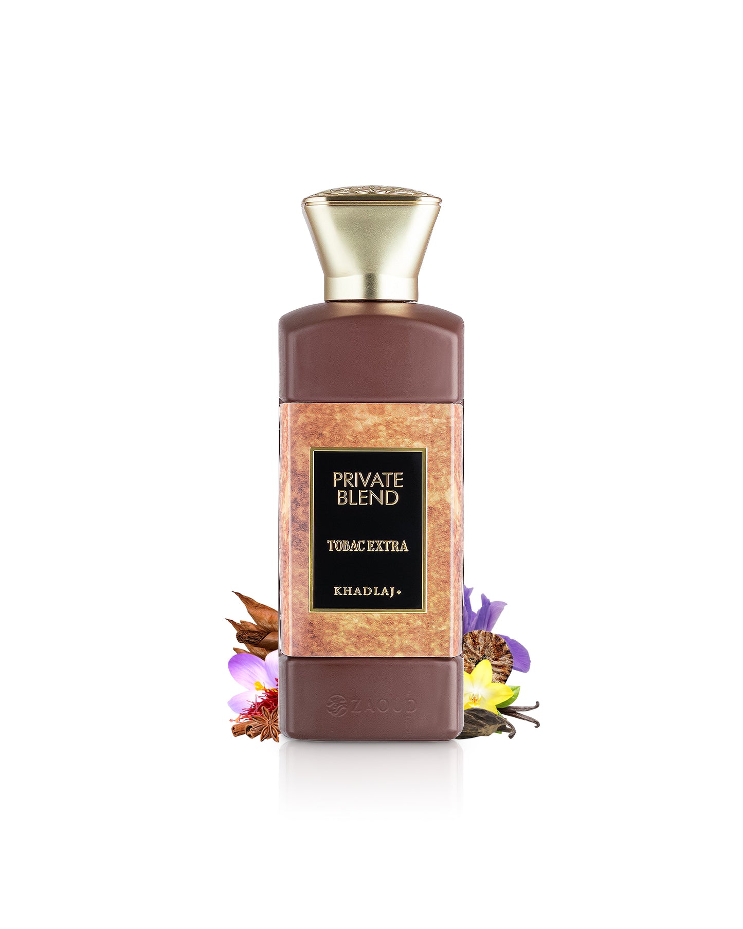khadlaj tobac extra perfume bottle surrounded with fragrance notes like saffron and tobacco shows against white background