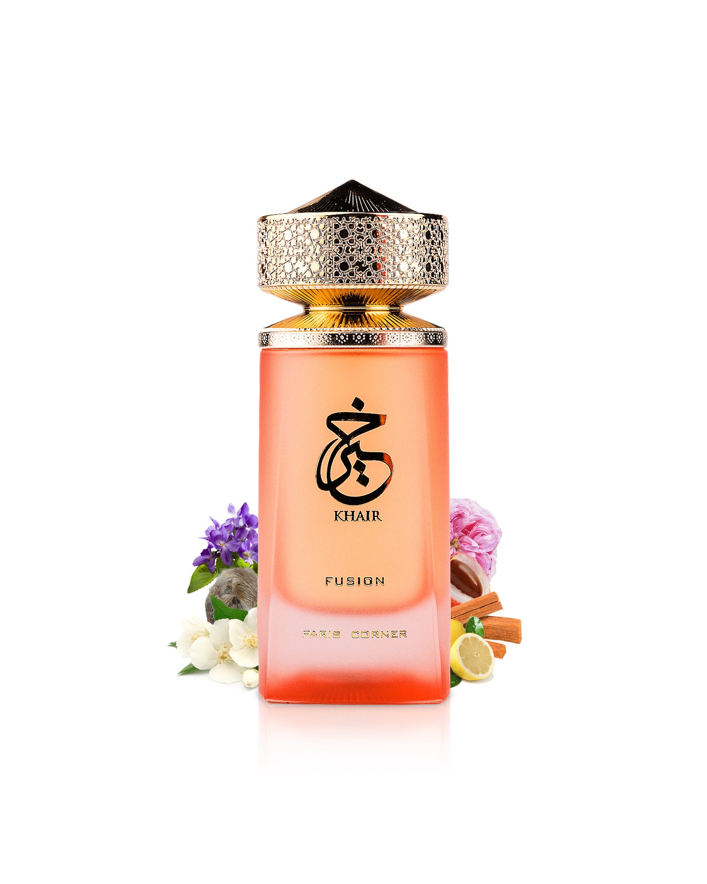 paris corner khair fusion perfume bottle surrounded with fragrance notes like jasmine and lemon shows from behind the bottle against white background