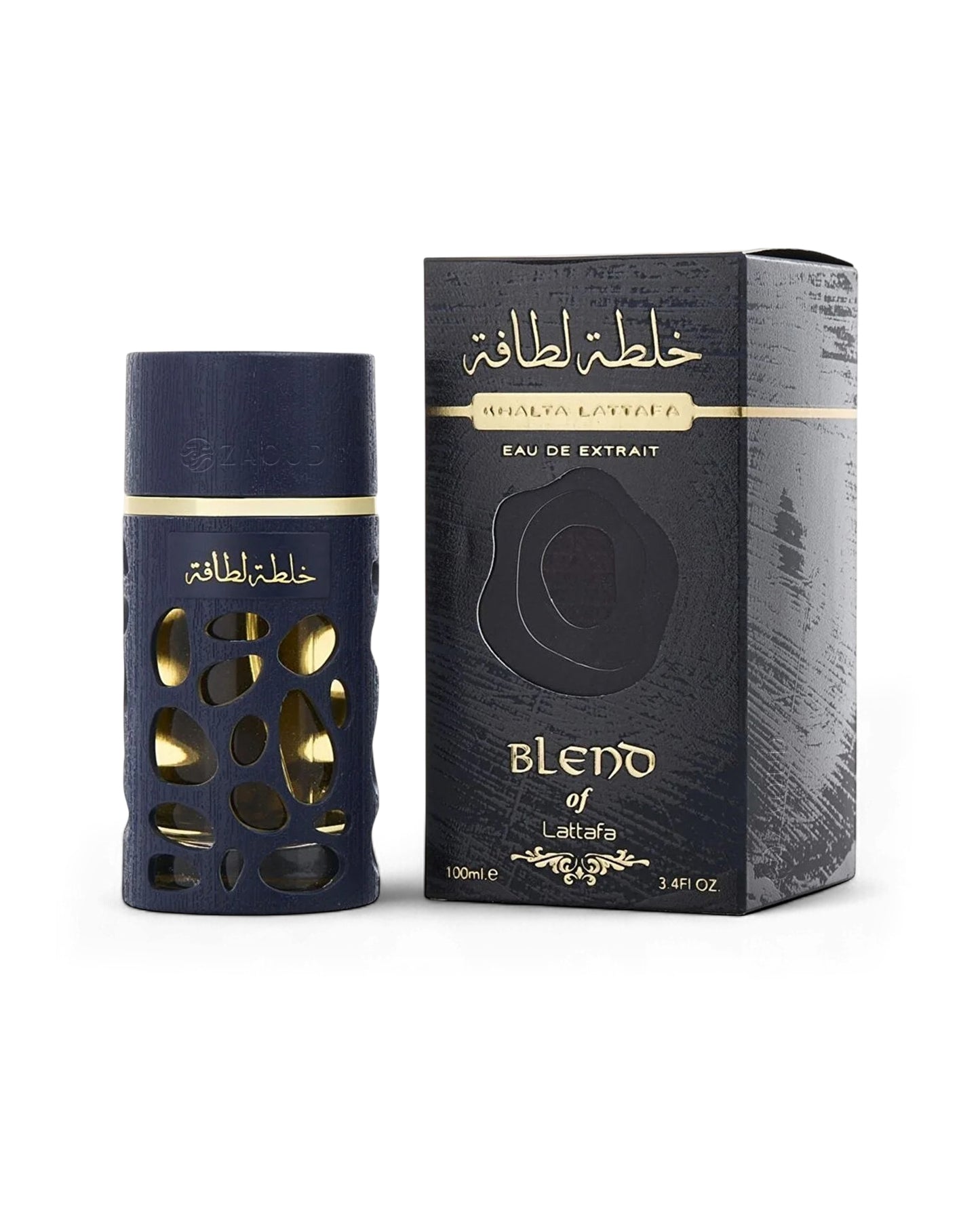 khalta blend of lattafa perfume bottle shows beside its box against white background