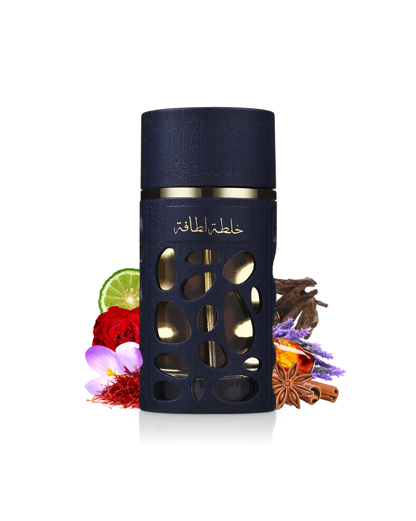 khalta blend of lattafa perfume bottle surrounded by fragrance notes like saffron and spices shows against white background