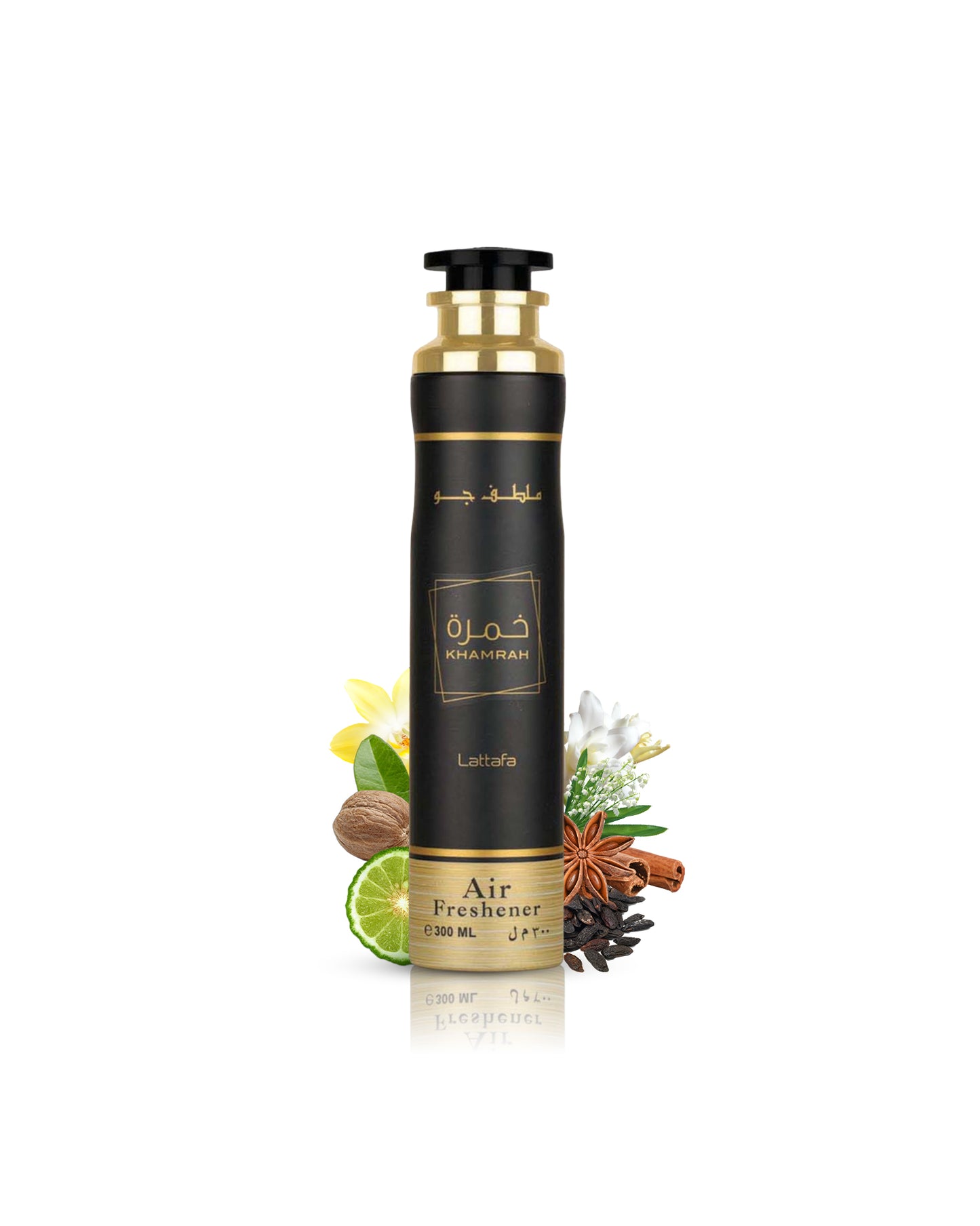 khamrah air freshener bottle surrounded by tonka bean vanilla against white background