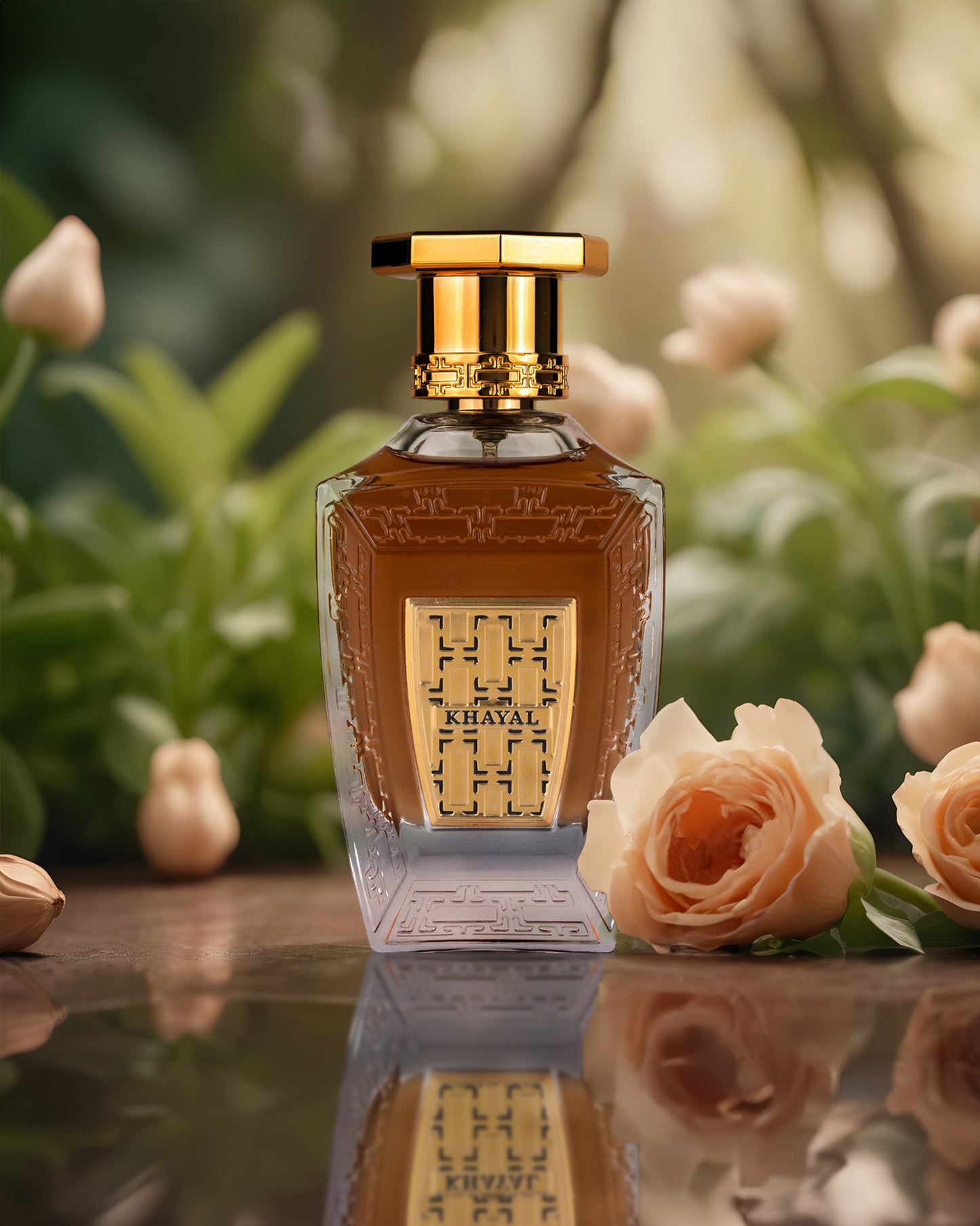 khayal eau de parfum perfume bottle photograph infront of mud water beside some flowers against green scenery