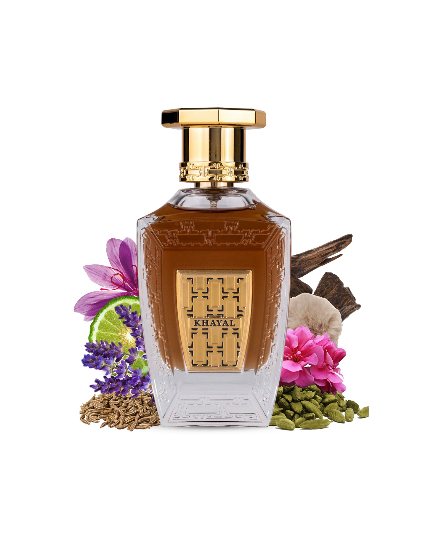 khayal eau de parfum perfume bottle surrounded with it's ingredients like cardamom and saffron with many more shows from behind the bottle against white background