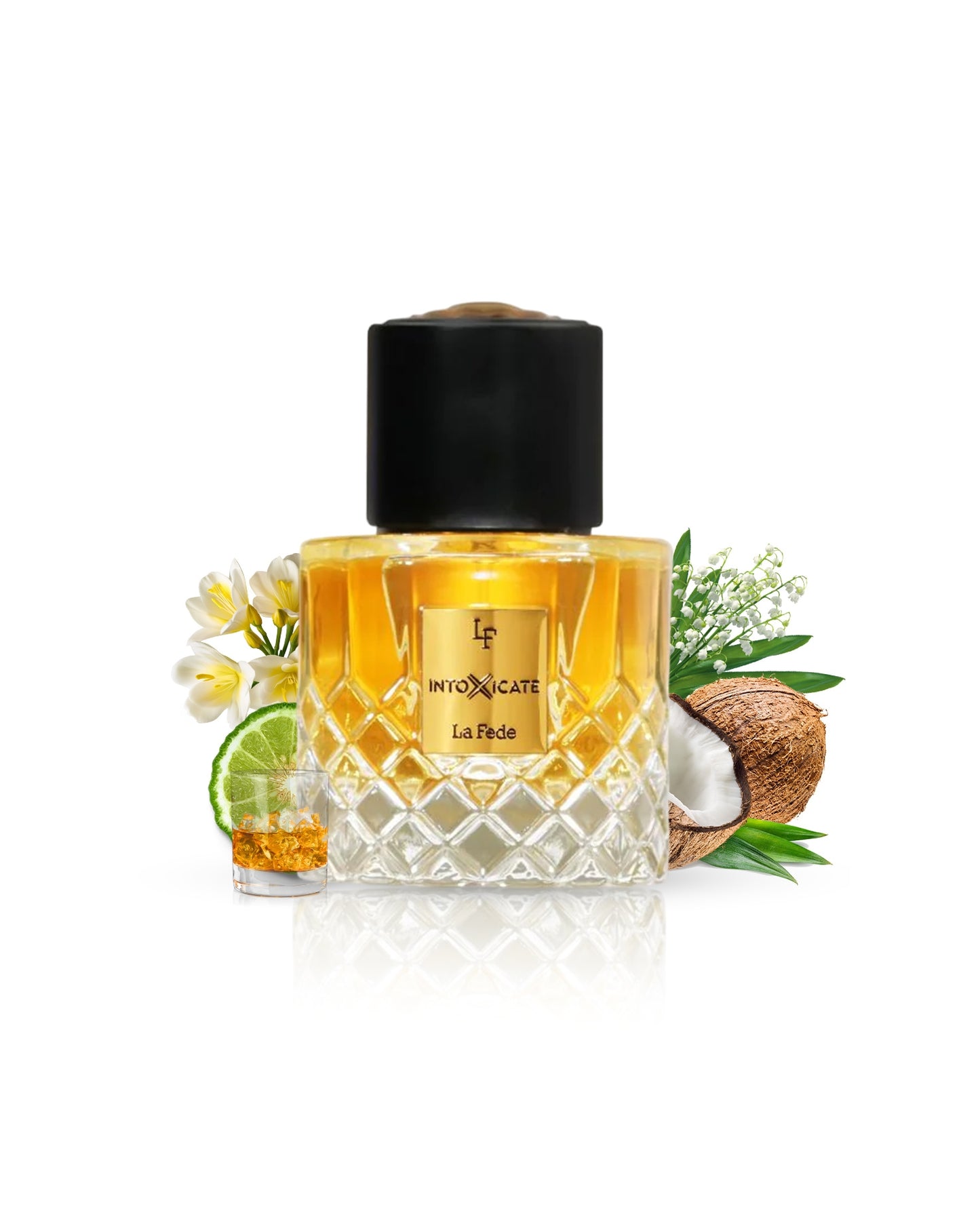 la fede Intoxicate eau de parfum perfume bottle surrounded by glass of cognac and coconut against white background