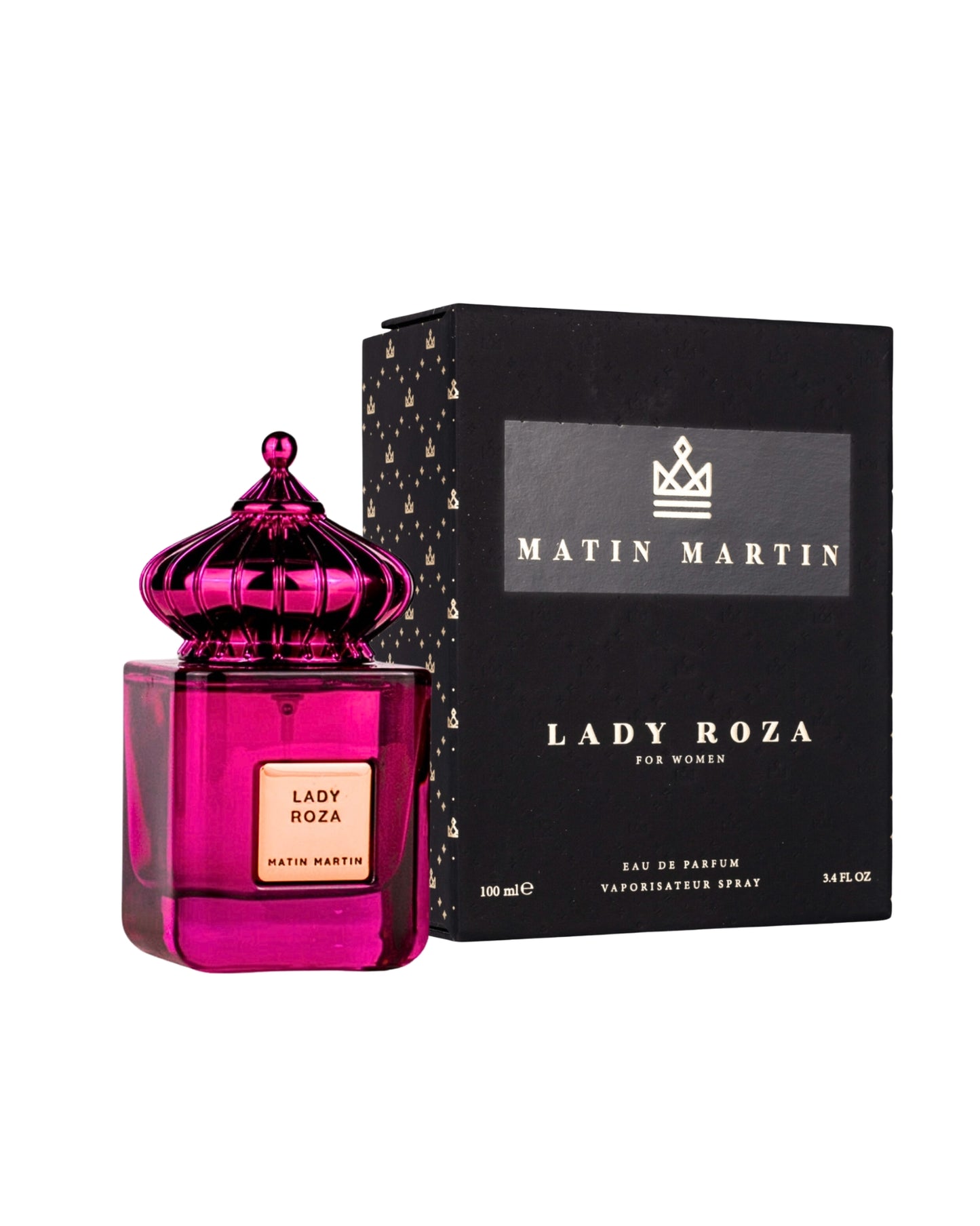 lady roza eau de parfum bottle and box against white background
