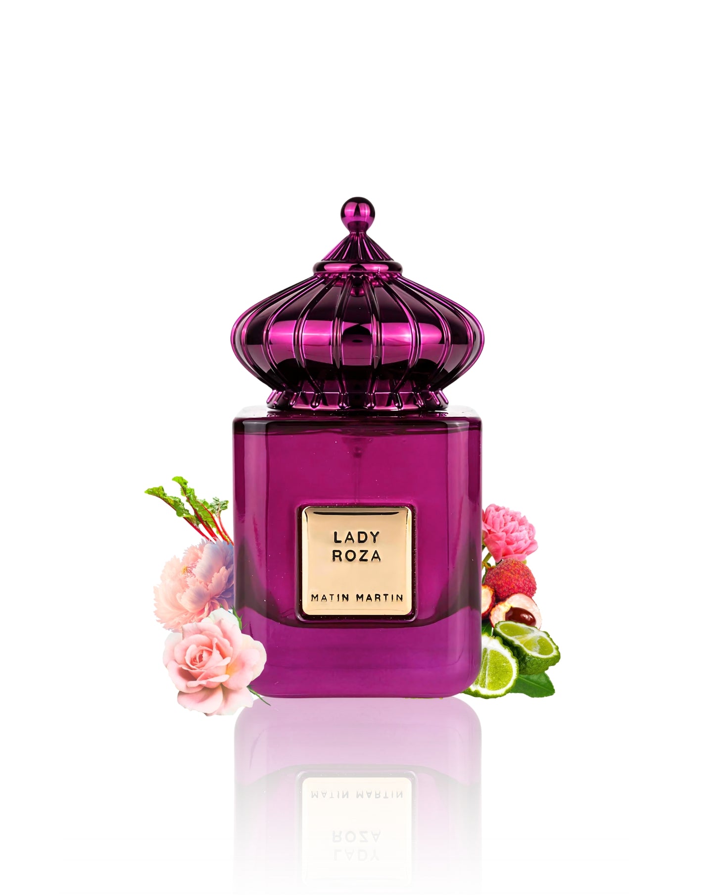lady roza eau de parfum bottle peony rose against white background