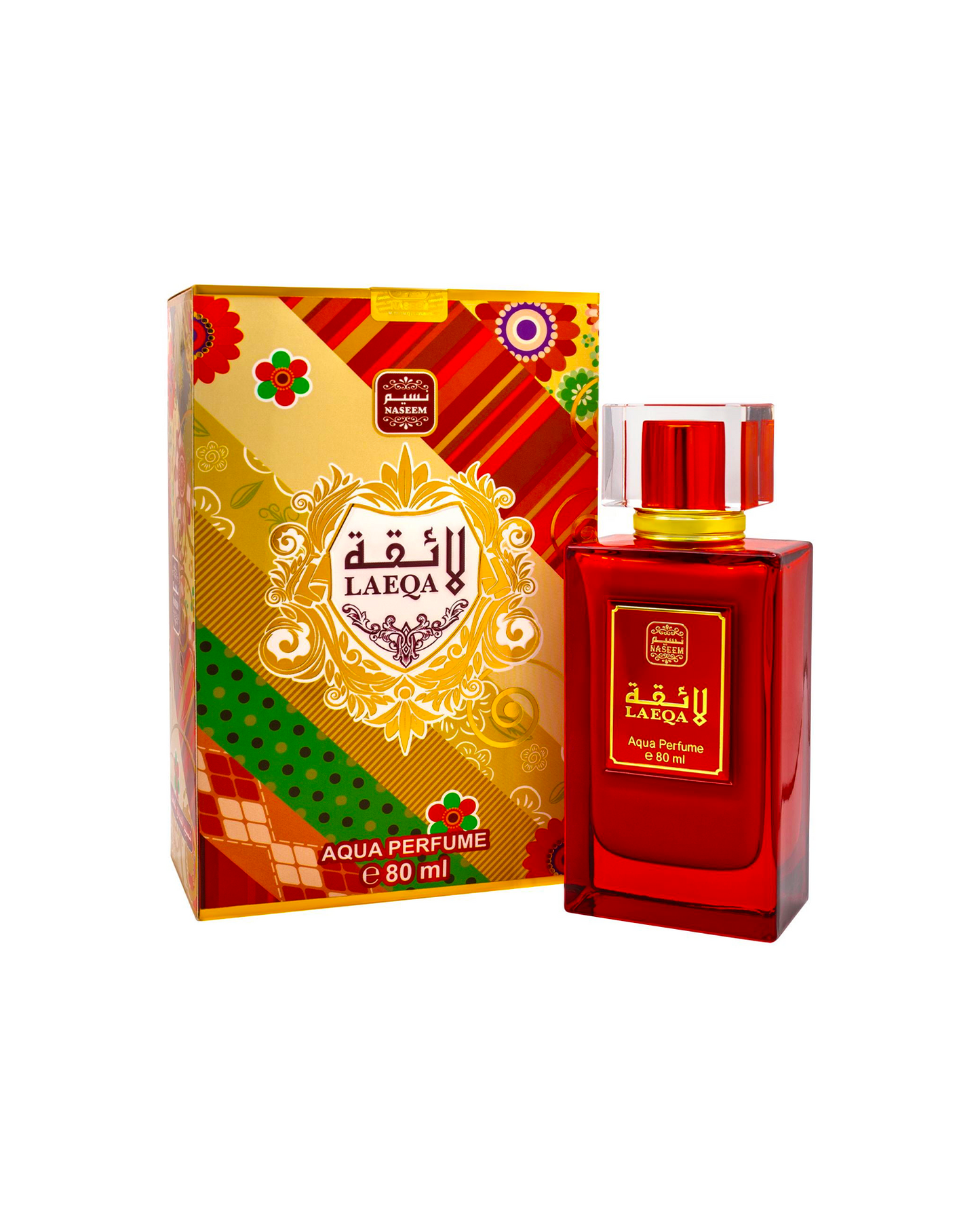 laeqa aqua parfum by naeem perfumes bottle beside its box shows against white background