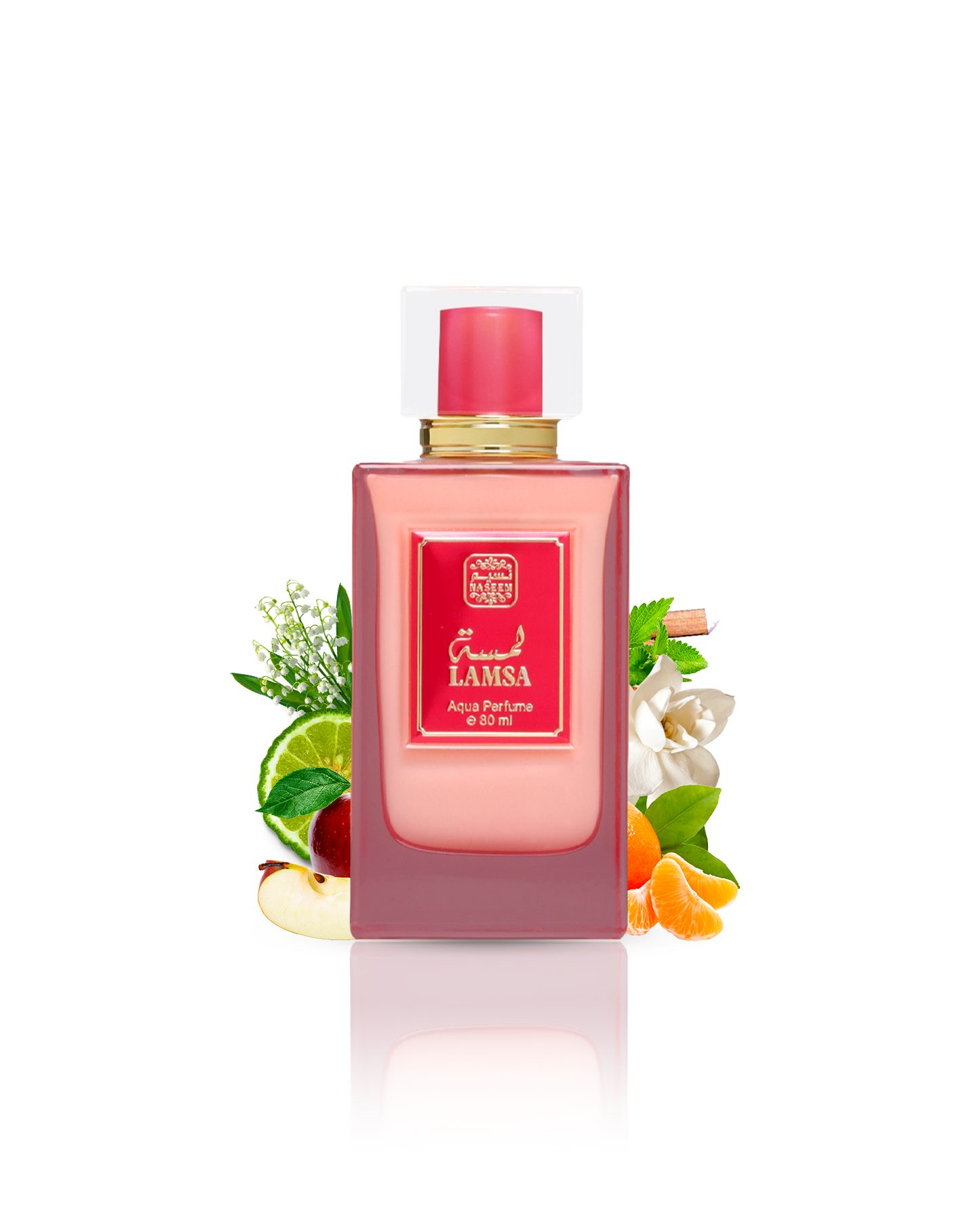 lamsa aqua parfum bottle surrounded by apple orrange neroli against white background