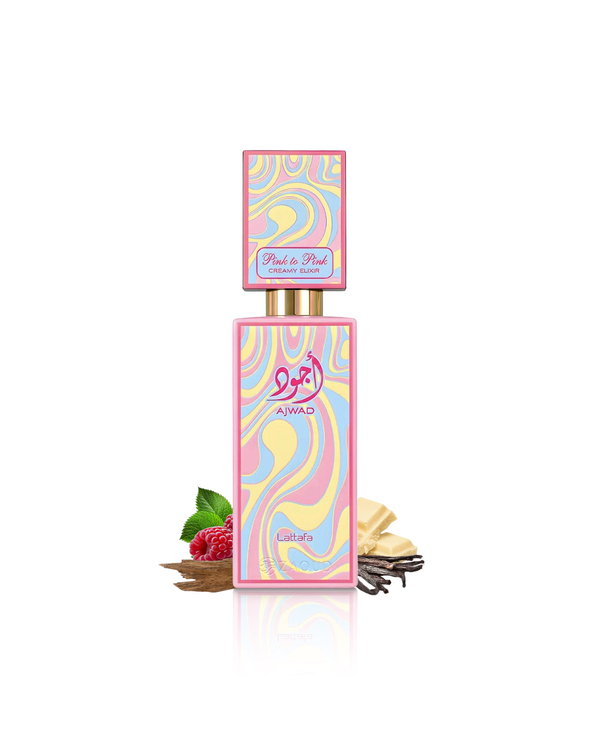 lattafa ajwad pink to pink creamy elixir perfume bottle surrounded with fragrance notes like raspberry and chocolate shows against white background