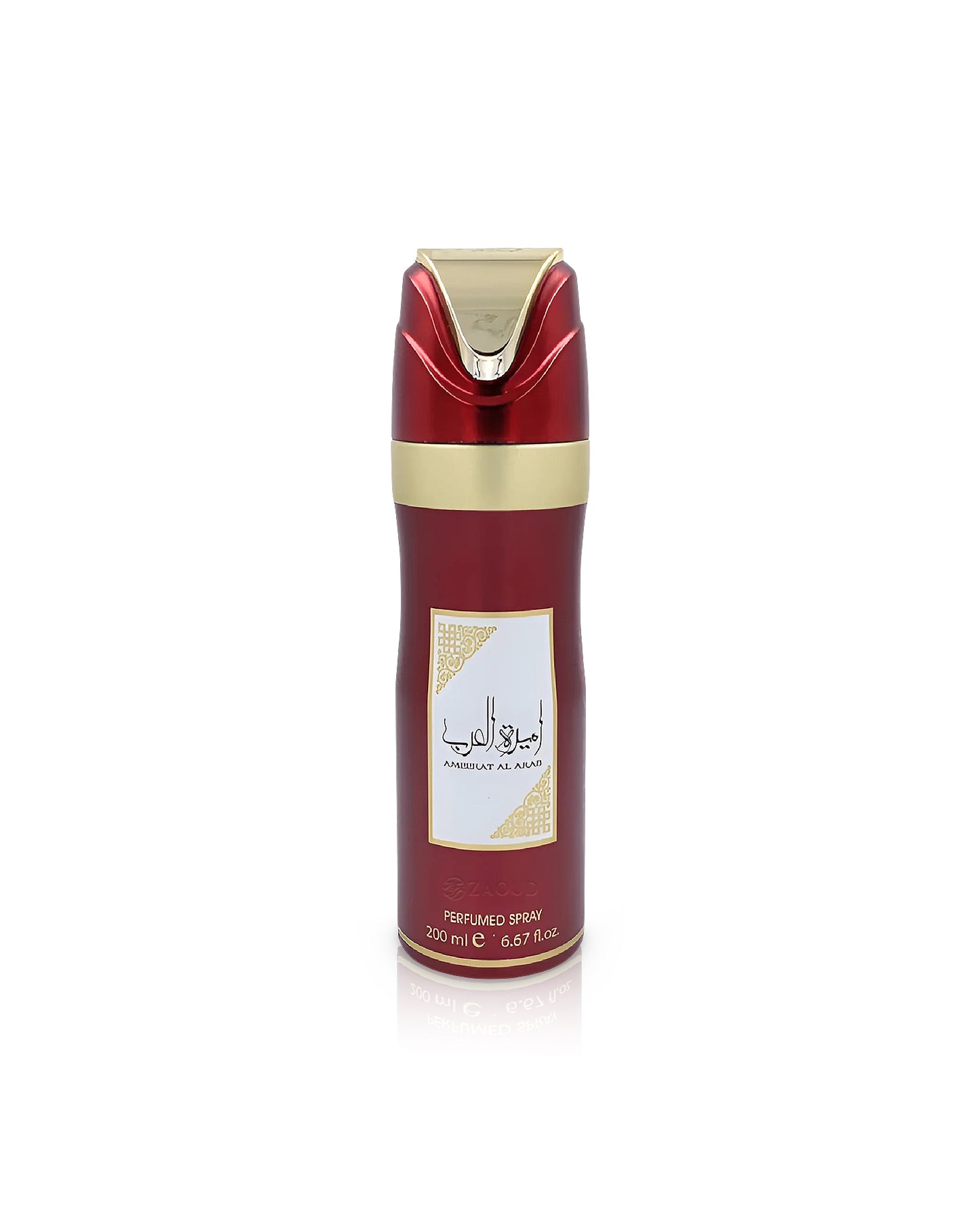 lattafa ameerat al arab Red and gold perfume bottle with a white label on a white background