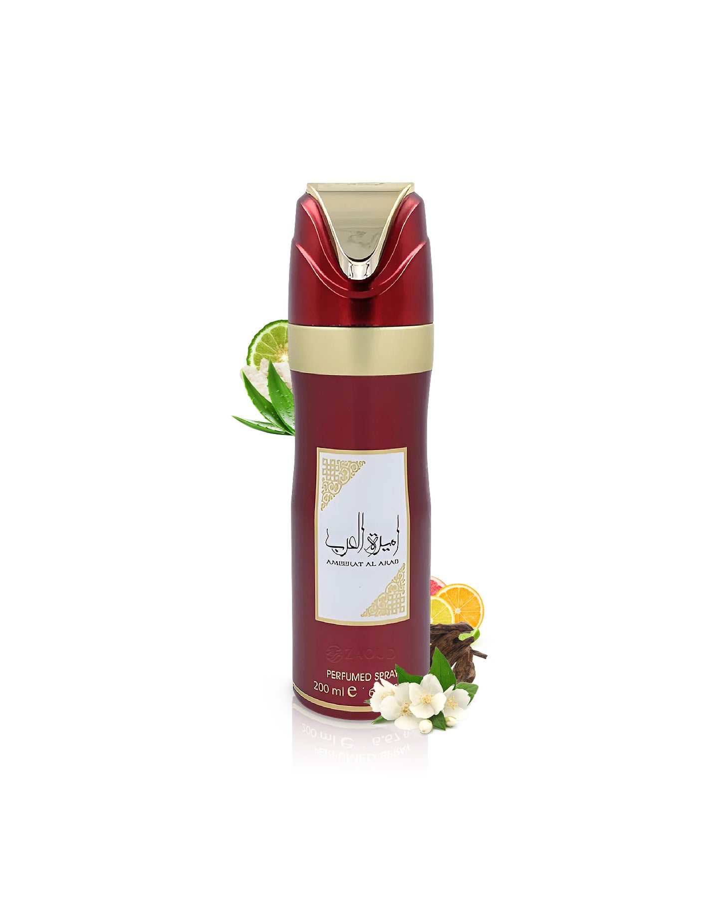 lattafa ameerat al arab deodorant Red and gold perfume bottle with decorative elements like jasmine and citrus on a white background
