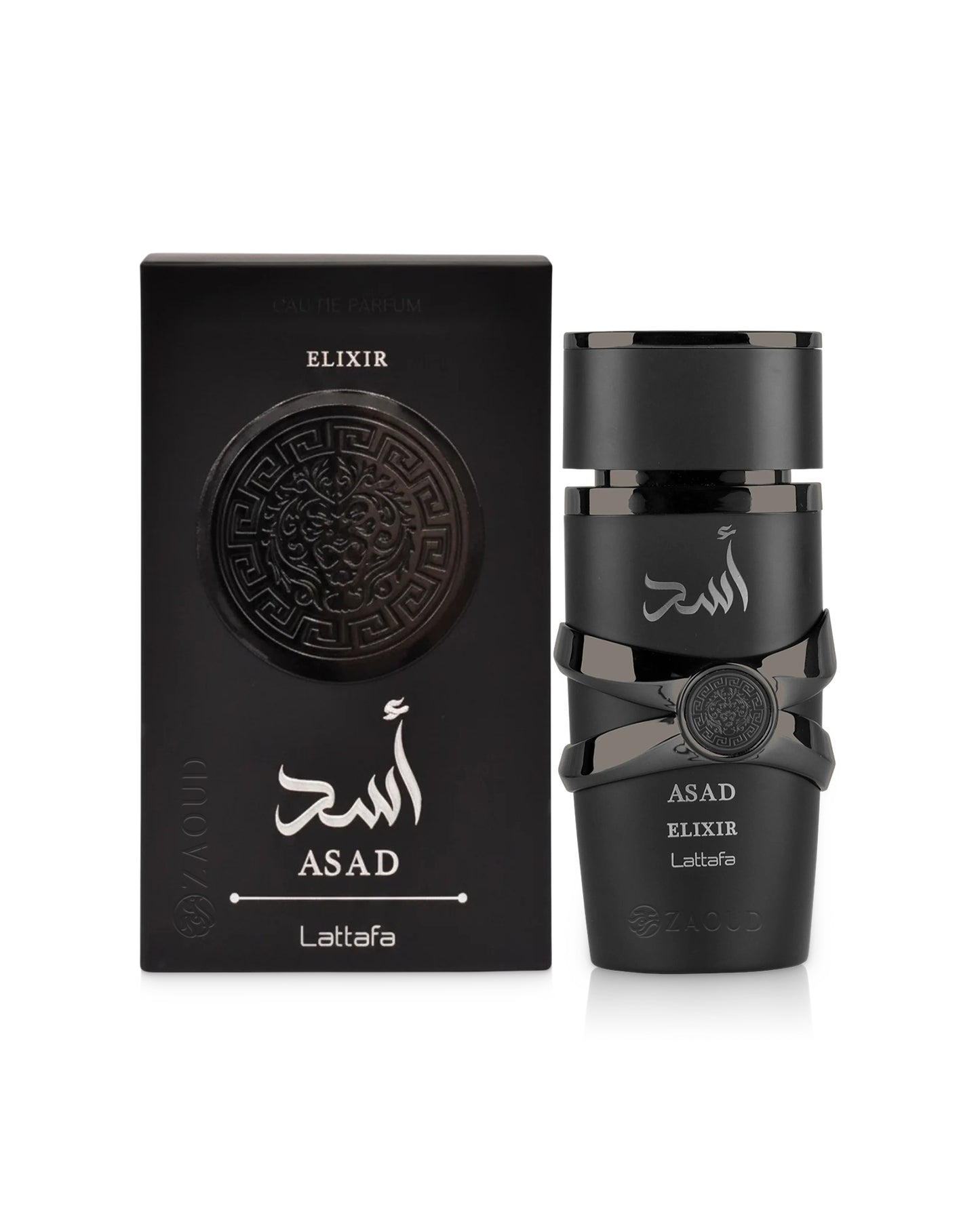 lattafa asad elixir perfume black bottle shows beside its packaging against white background