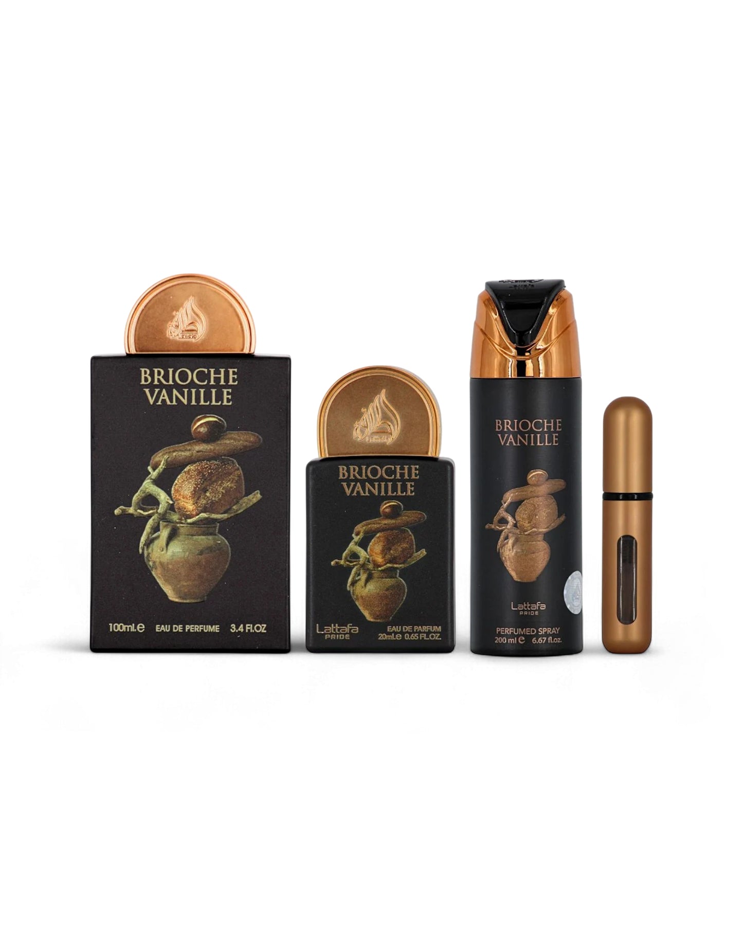 lattafa Brioche Vanille gift set with various bottles and dedorant on a white background