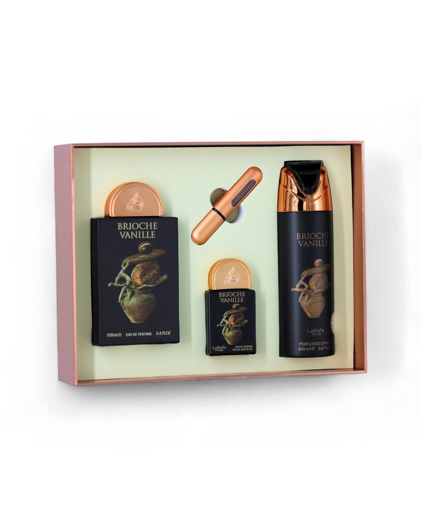 Lattafa gift Set including a bottle, deodorant, and box in a box on a white background