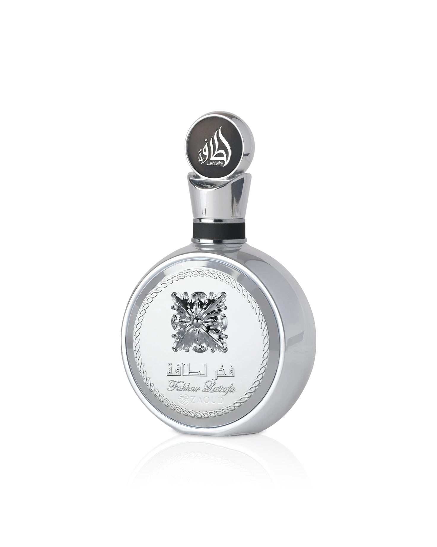 lattafa fakhar platin Silver perfume bottle with intricate design on a white background
