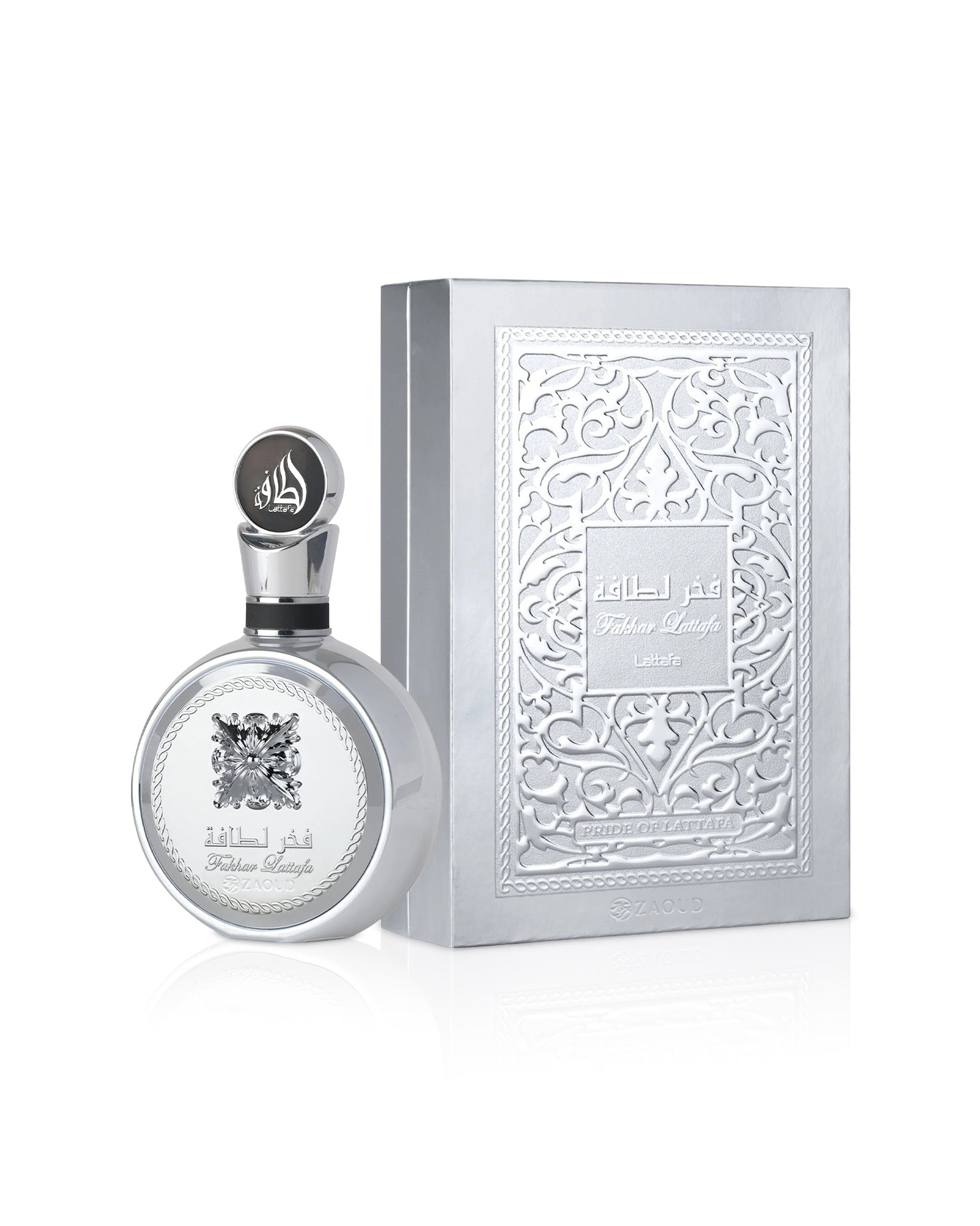 lattafa fakhar platin Perfume bottle and packaging with intricate design on a white background