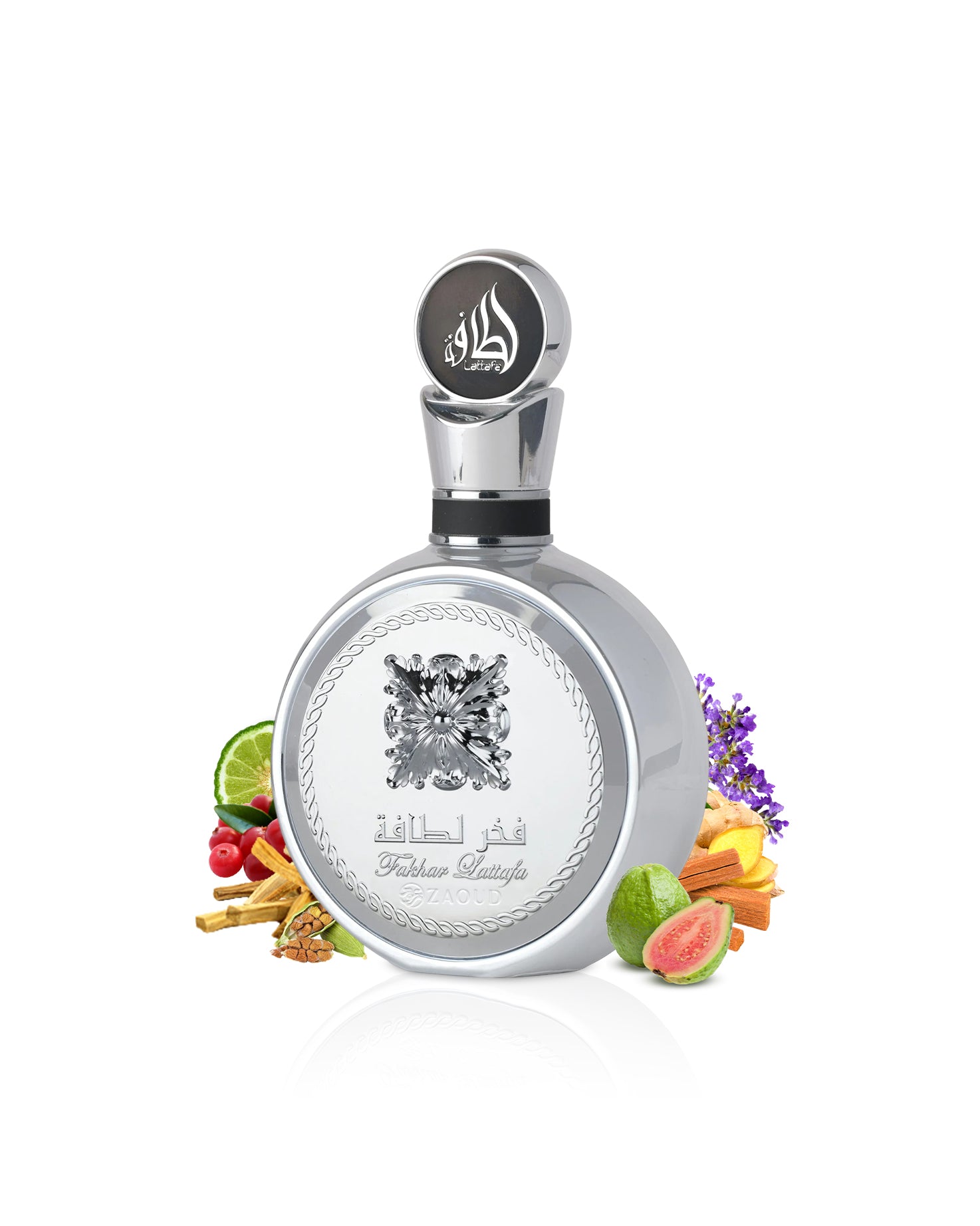 lattafa fakhar platin Silver perfume bottle with decorative elements like guava and cardamom  on a white background