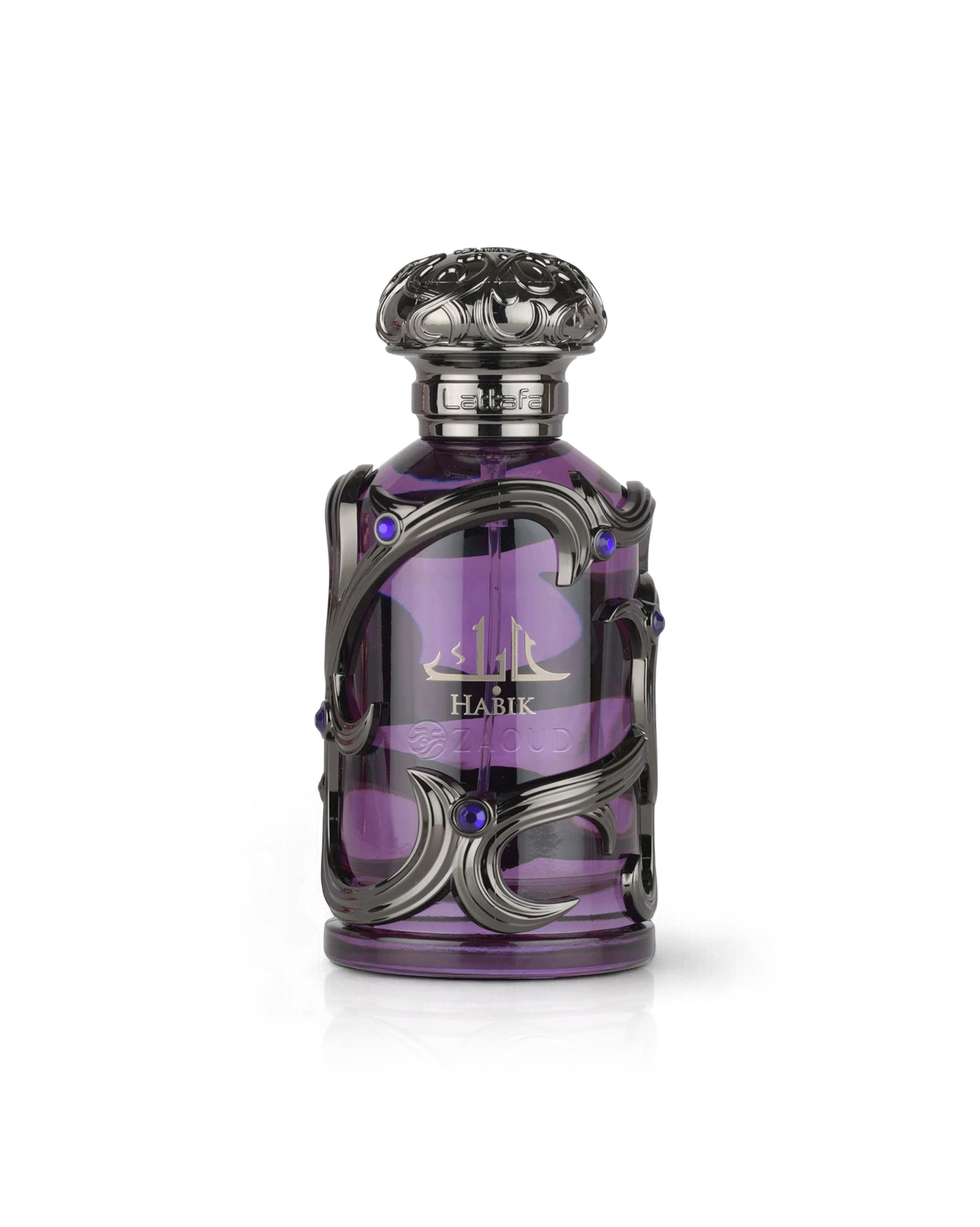 lattafa habik for men Purple perfume bottle with intricate design on a white background