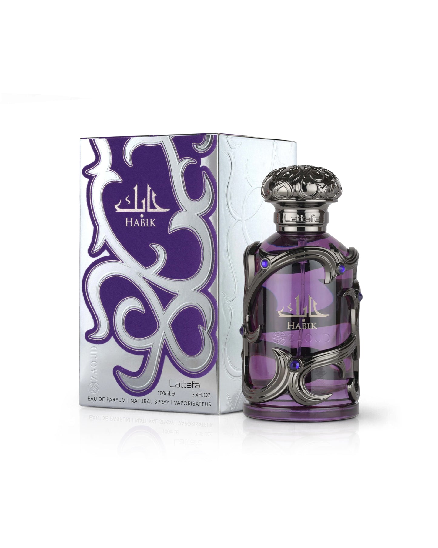 lattafa habik for men Purple perfume bottle with decorative design and matching box on a white background
