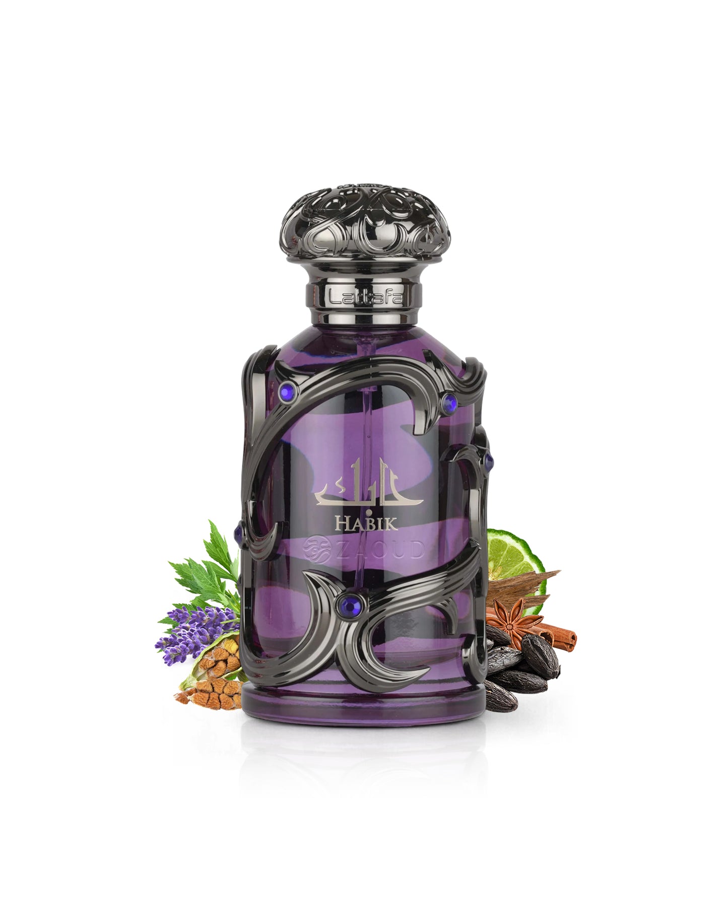 lattafa habik for men Purple perfume bottle with decorative elements like cardamom and tonka on a white background