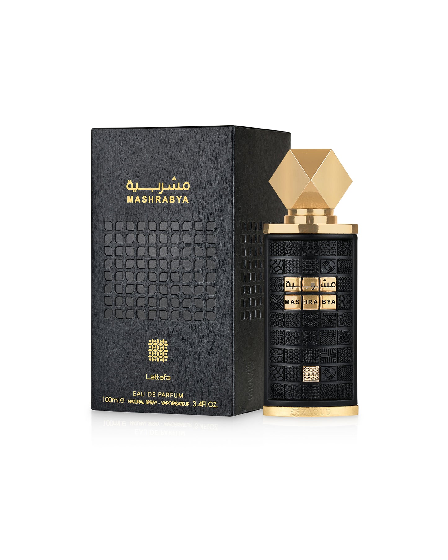 lattafa Mashrabya perfume bottle shows beside its box against white background