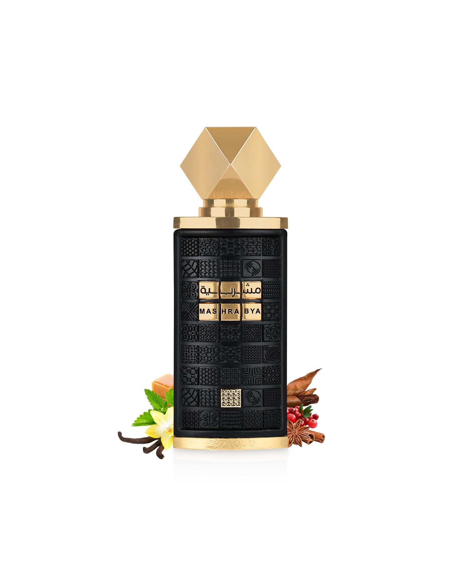 lattafa Mashrabya perfume bottle surrounded with fragrance notes like vanilla and oud shows against white background