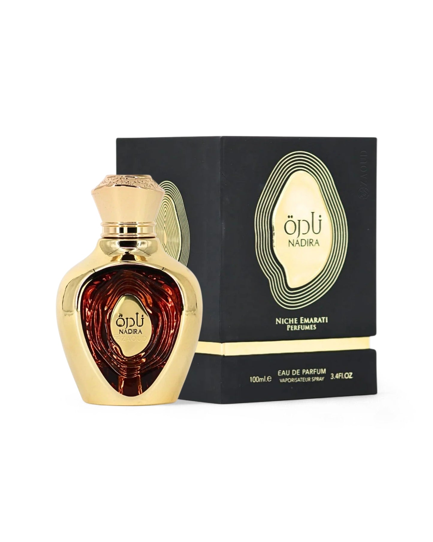 lattafa nadira perfume bottle and packaging on a white background