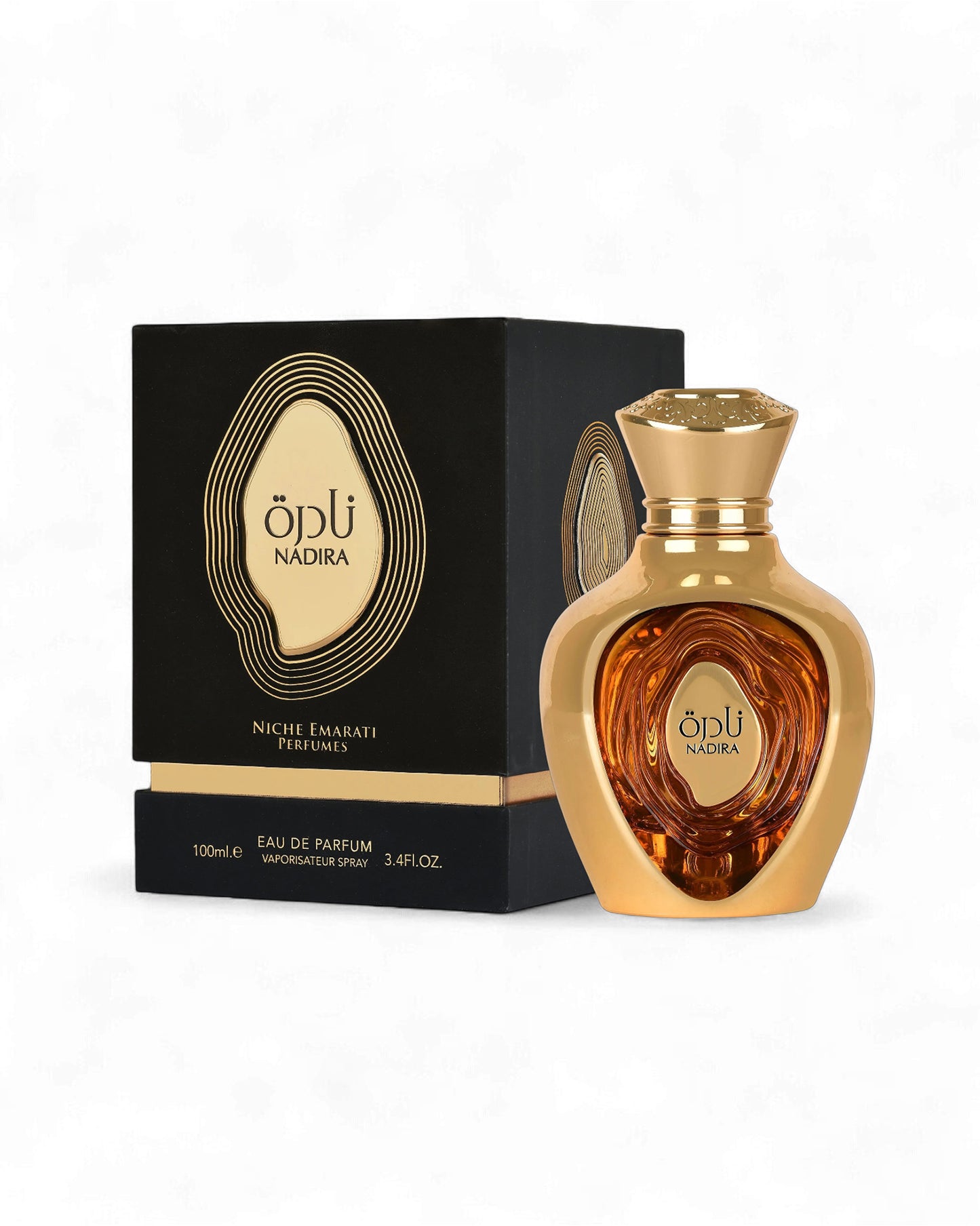 lattafa nadira perfume bottle and packaging on a white background