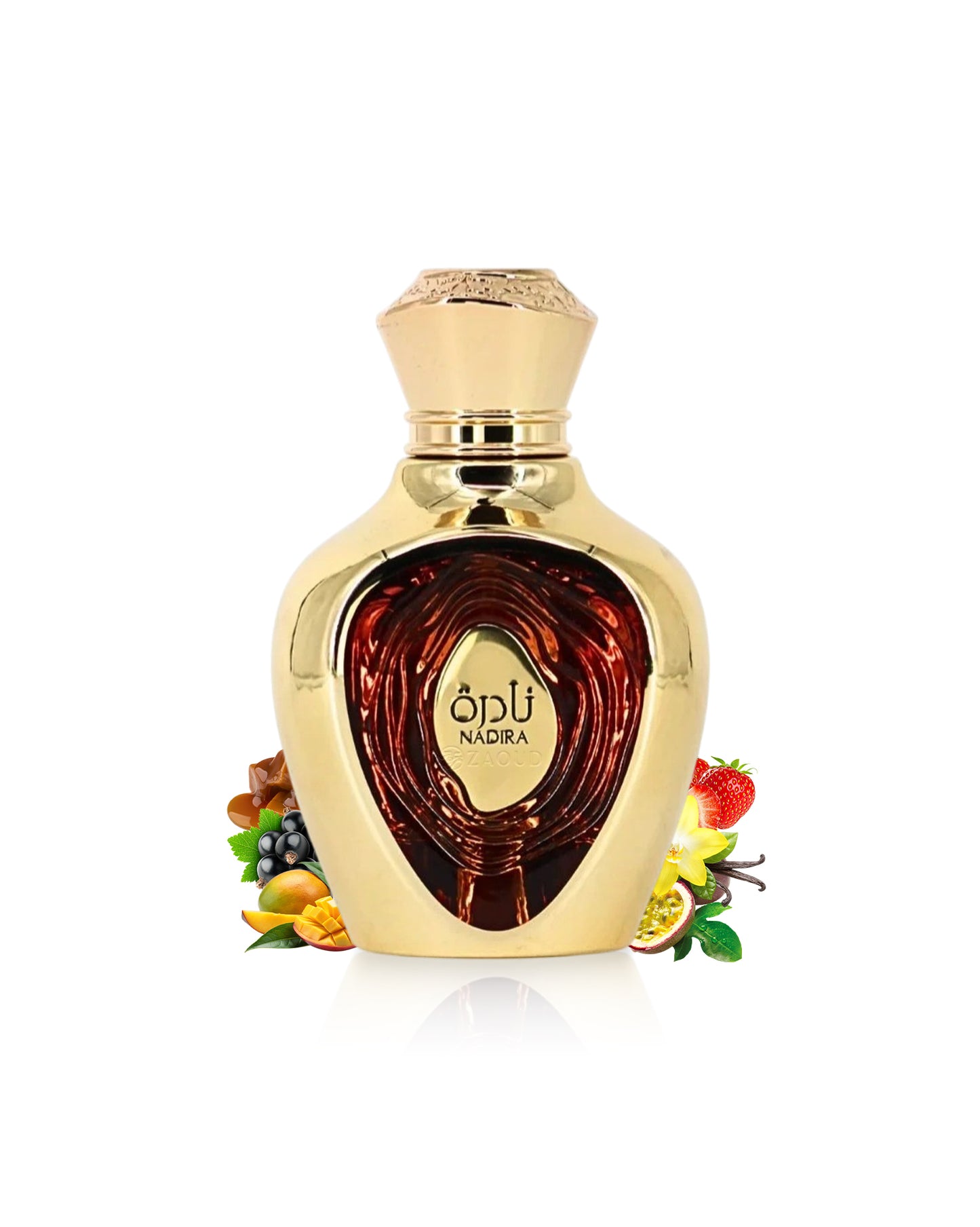 lattafa nadira Gold perfume bottle with decorative elements like fruits and caramel on a white background