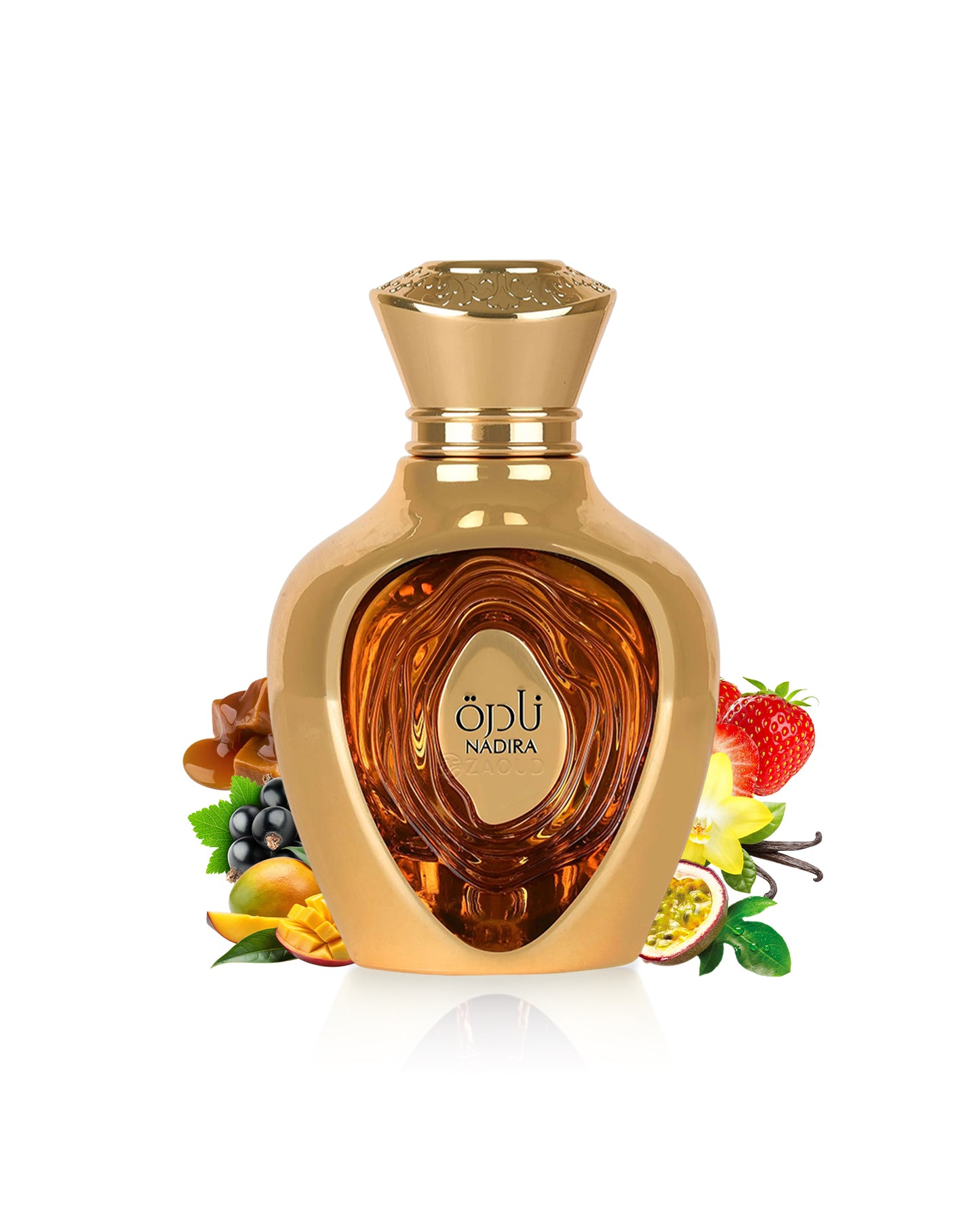 lattafa nadira Gold perfume bottle with decorative elements like fruits and caramel on a white background