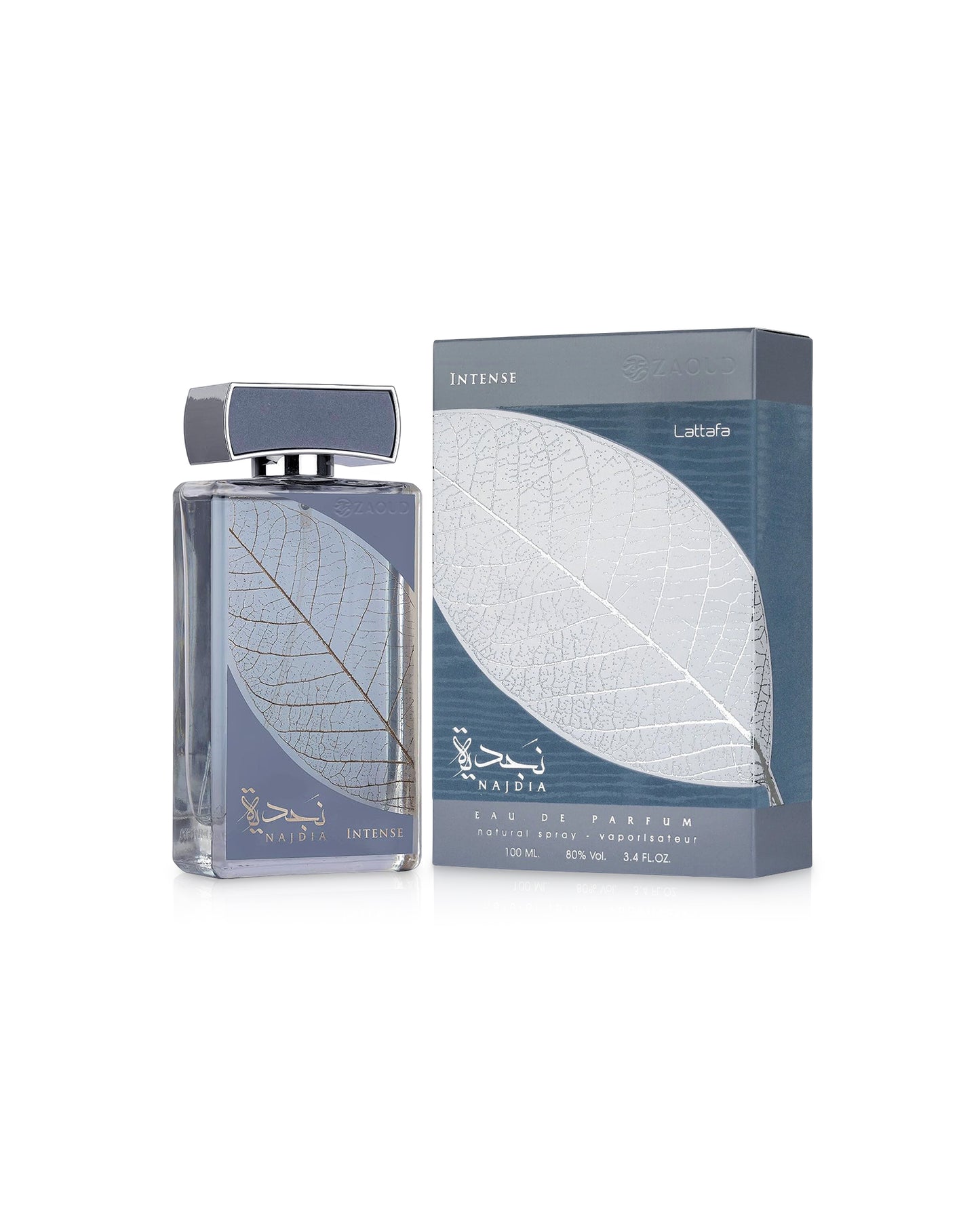 LATTAFA najdia intense perfume bottle shows beside its box against white background