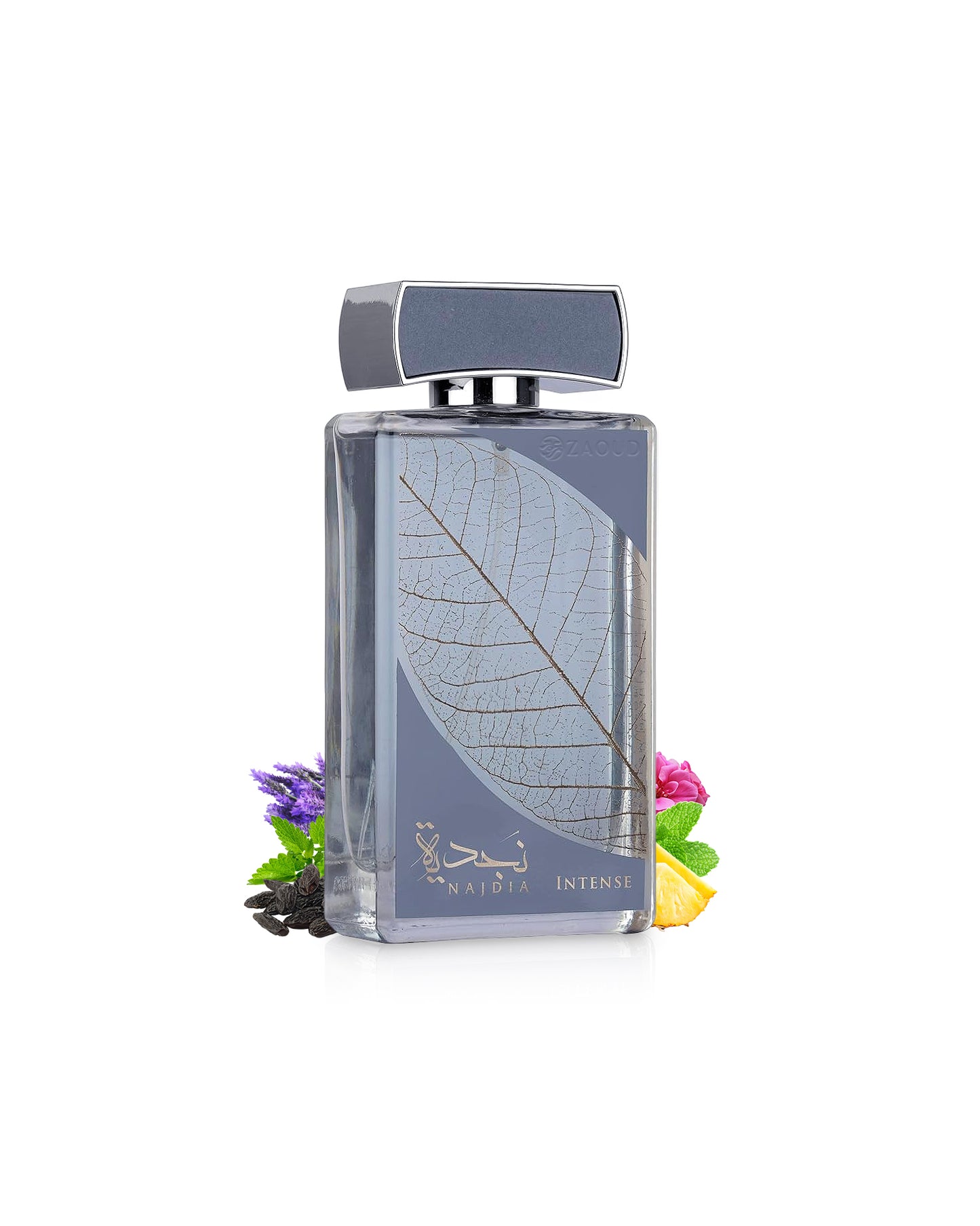 LATTAFA najdia intense perfume bottle surrounded with fragrance notes like tonka and mint shows against white background