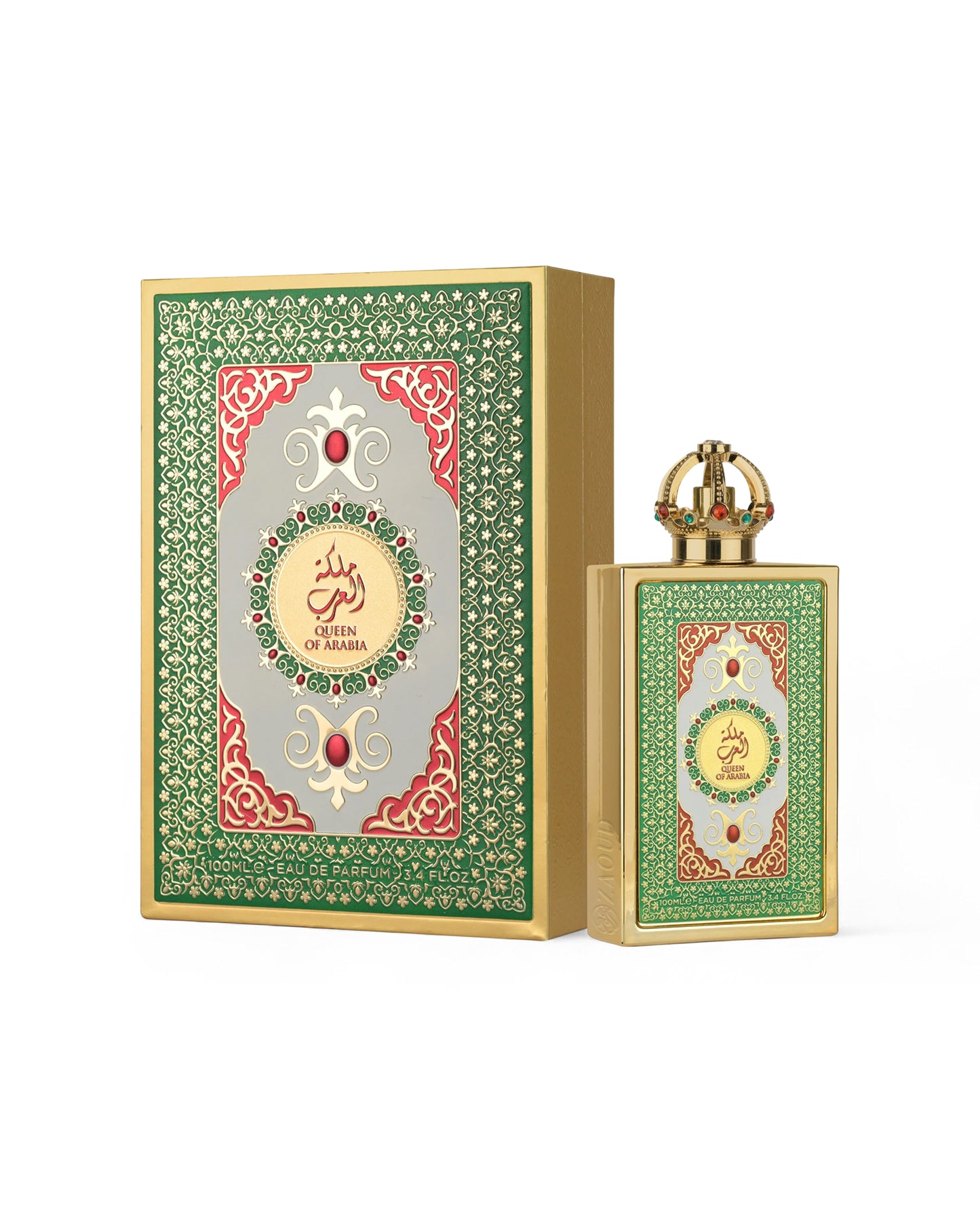 lattafa queen of arabia Perfume bottle and packaging with intricate design on a white background