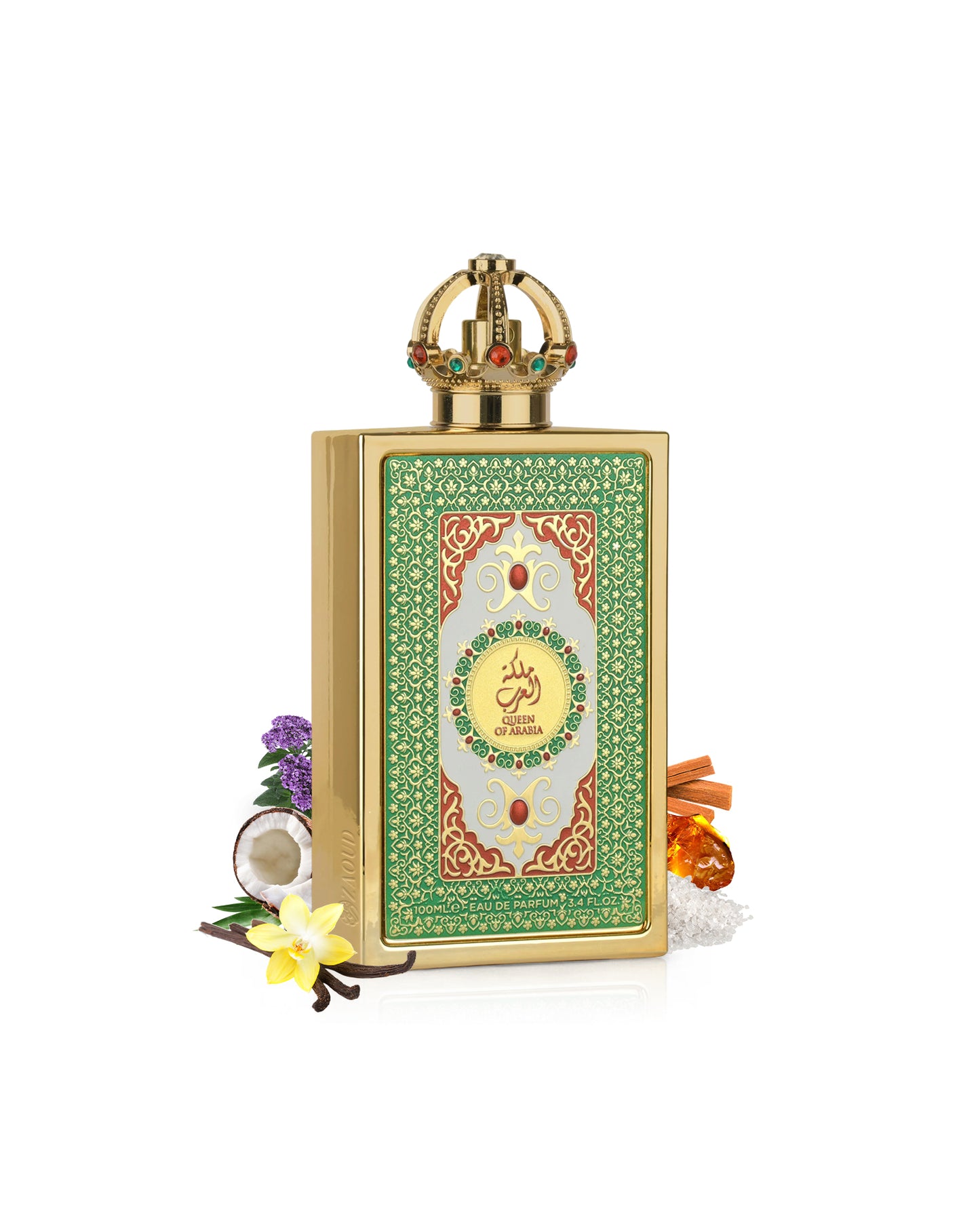 lattafa queen of arabia Decorative perfume bottle with intricate design like vanilla and coconut on a white background