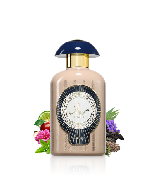 A bottle of lattafa raed absolu perfume with a beige body, a navy blue cap, and a gold neck, displayed on a white background with decorative fruits and flowers at its base.
