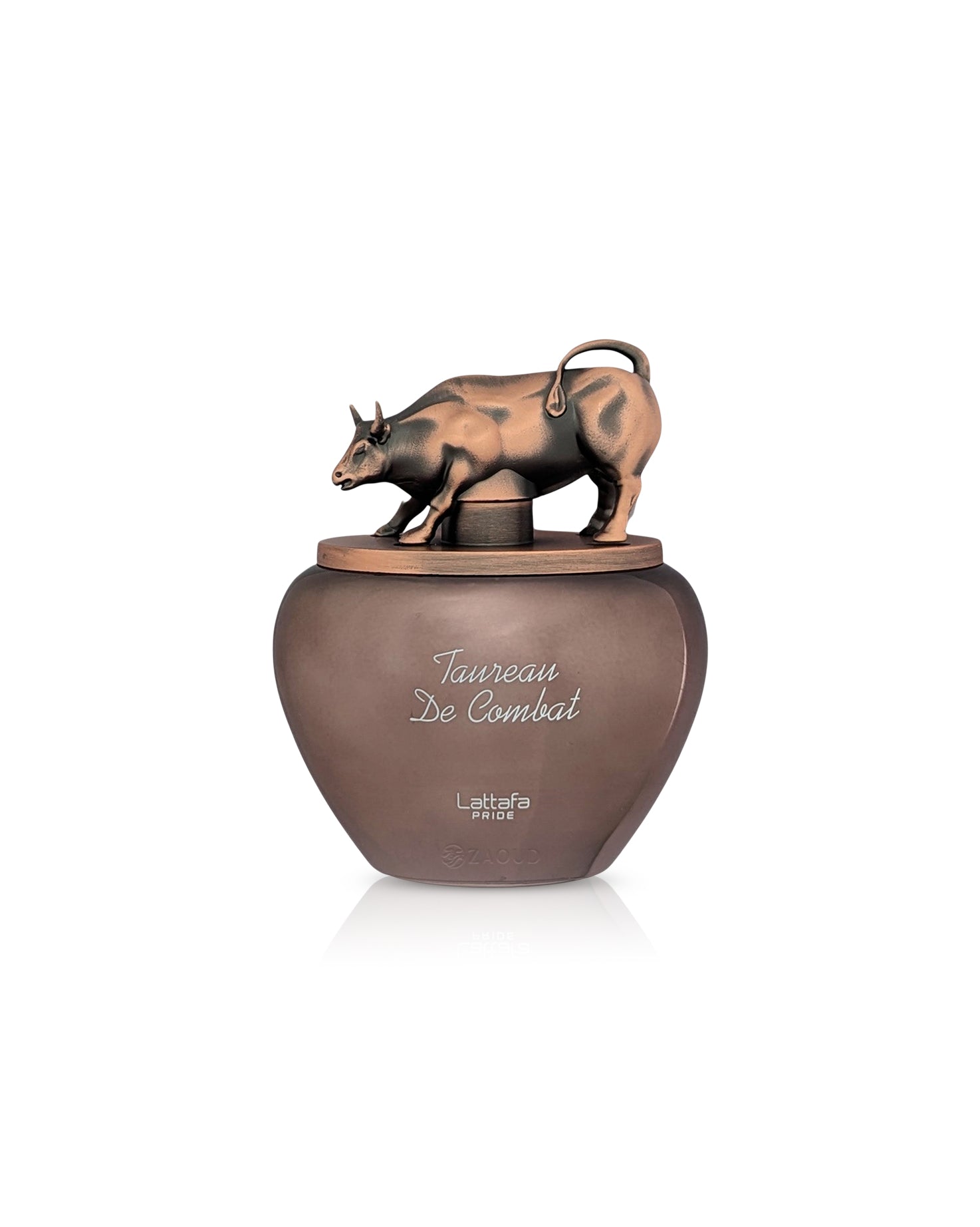 lattafa taurean de combat Bronze-colored container with a bull figurine on top against a white background
