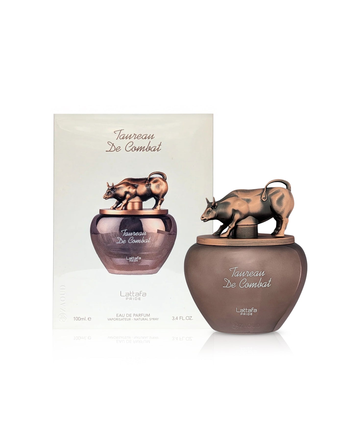 lattafa taurean de combat Perfume bottle with bull figurine and packaging on a white background