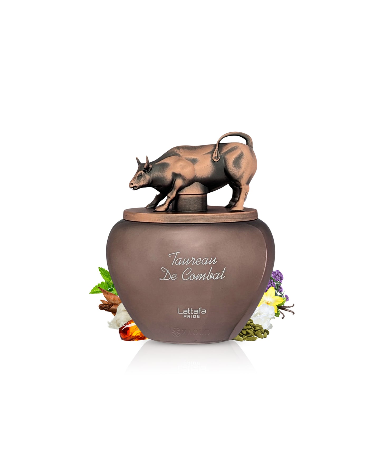 lattafa taurean de combat perfume bottle Decorative container with a bull figurine on top, featuring the brand 'lattafa pride'.