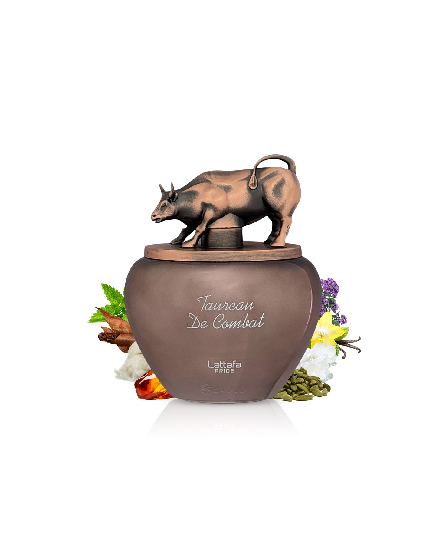 lattafa taurean de combat perfume bottle Decorative container with a bull figurine on top, featuring the brand 'lattafa pride'.