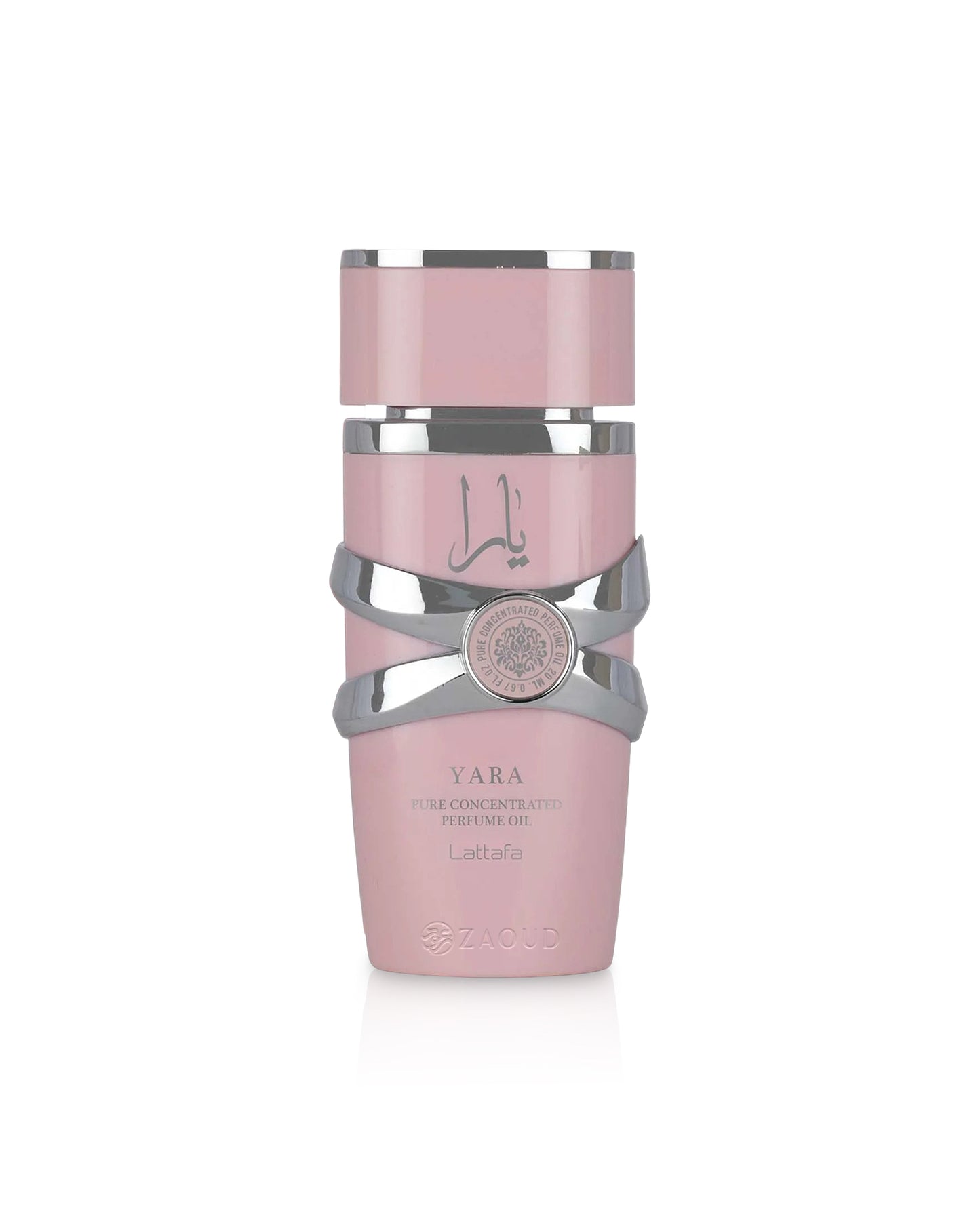 lattafa yara Pink perfume oil bottle and gray cylindrical container with 'Lalique' branding on a white background