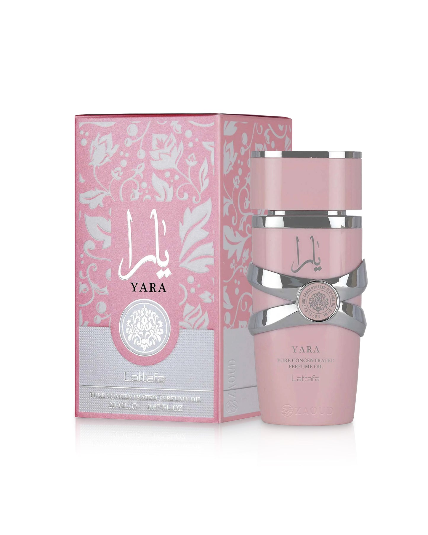 lattafa Yara pink perfume oil bottle perfume bottle and packaging on a white background